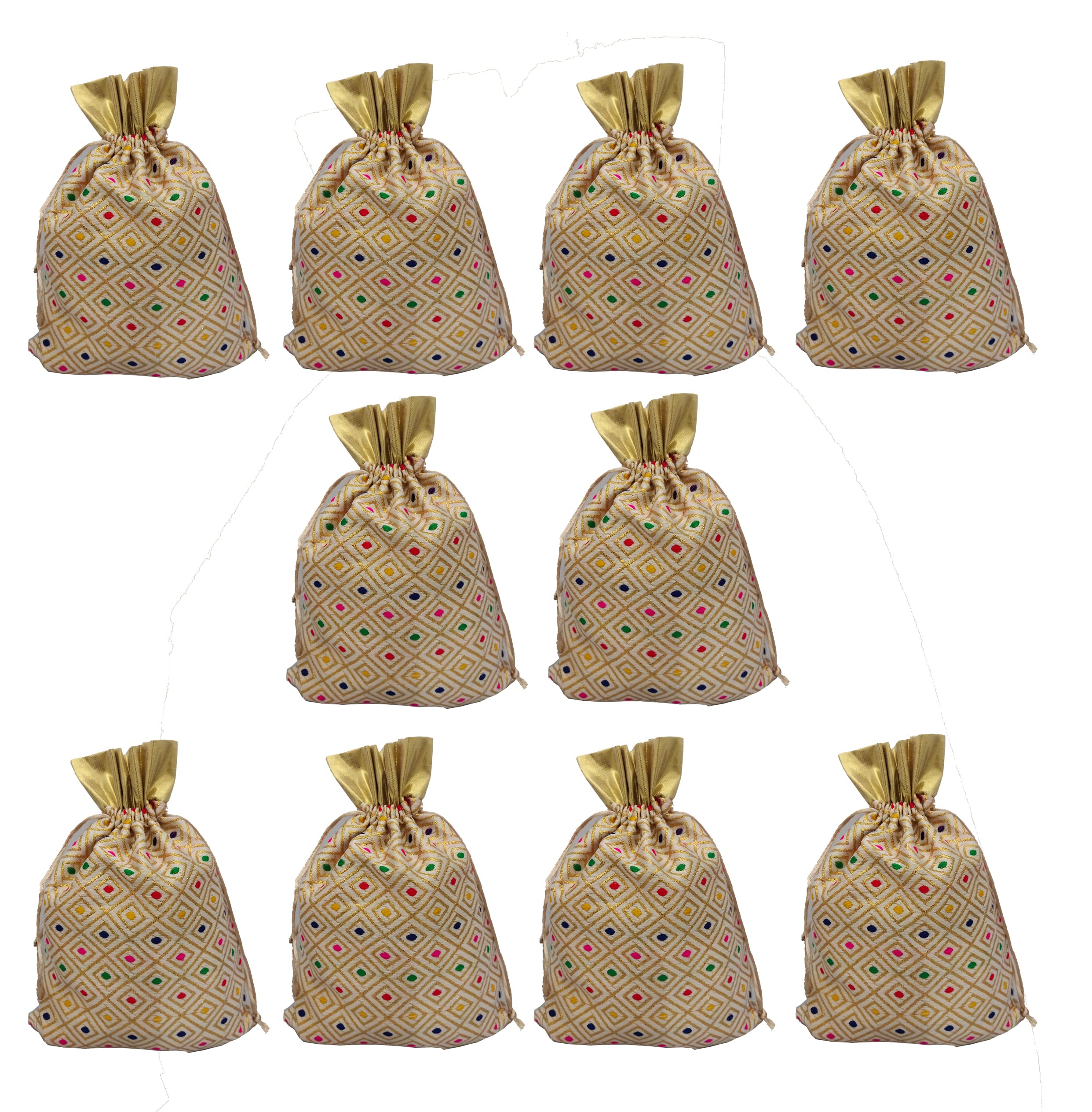 3A Featuretail Fabric Drawstring Pouch for Dry Fruits Packing, Organza Shagun Potli, Wedding Party Favor Gift Bags (Multicolour Rajasthani, 17Cm X 24Cm 10pc)