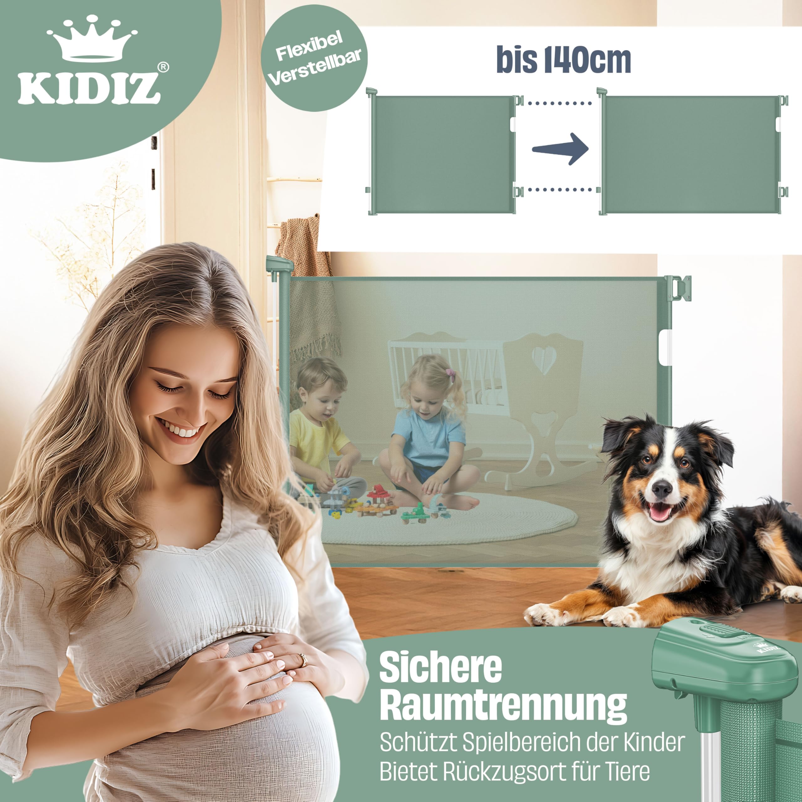 KIDIZ Rejilla protectora para escaleras, extensible, 0 – 140 cm, rejilla de seguridad para niños para bebés y mascotas, rejilla de protección para escaleras y puertas, incluye anclaje al suelo y