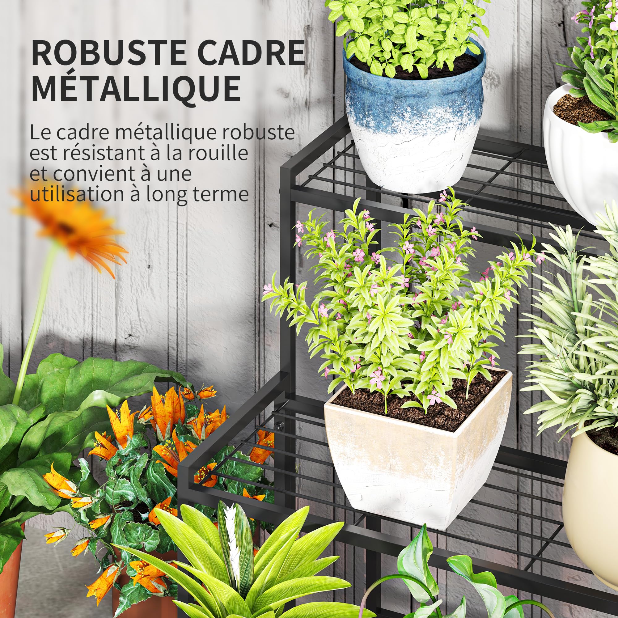 Outsunny Étagère à Fleurs en métal 3 Niveaux Jardin 75 x 70 x 66 cm Noir | Intérieur et Extérieur, Support de Plantes en Échelle, Étagère à Plantes, Balcon, Salon