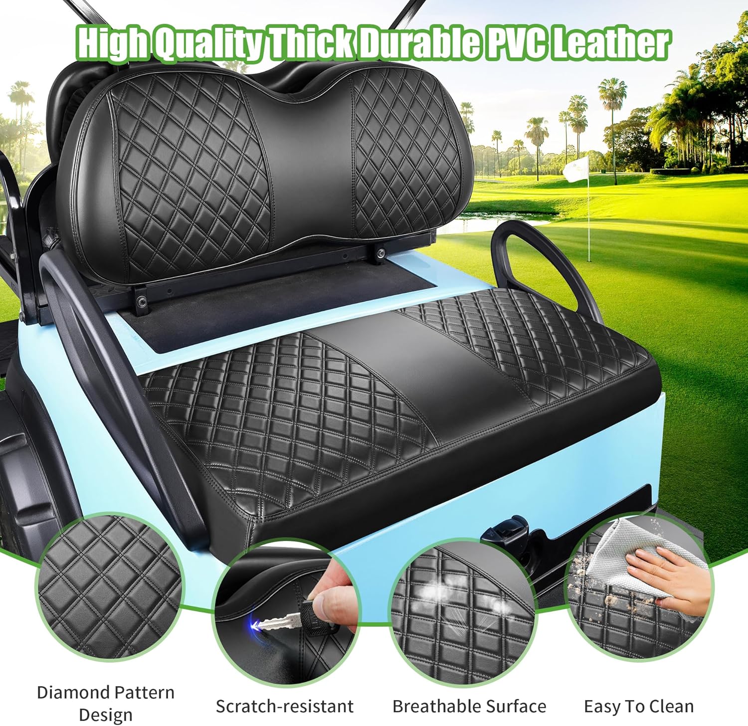 10L0L Golf Cart Seat Covers for Club Car Precedent,EZGO TXT Front/Rear Seats Diamond Pattern,Vinyl Leather with Adjustable Straps and Retractable Buckle, No Stapler Needed