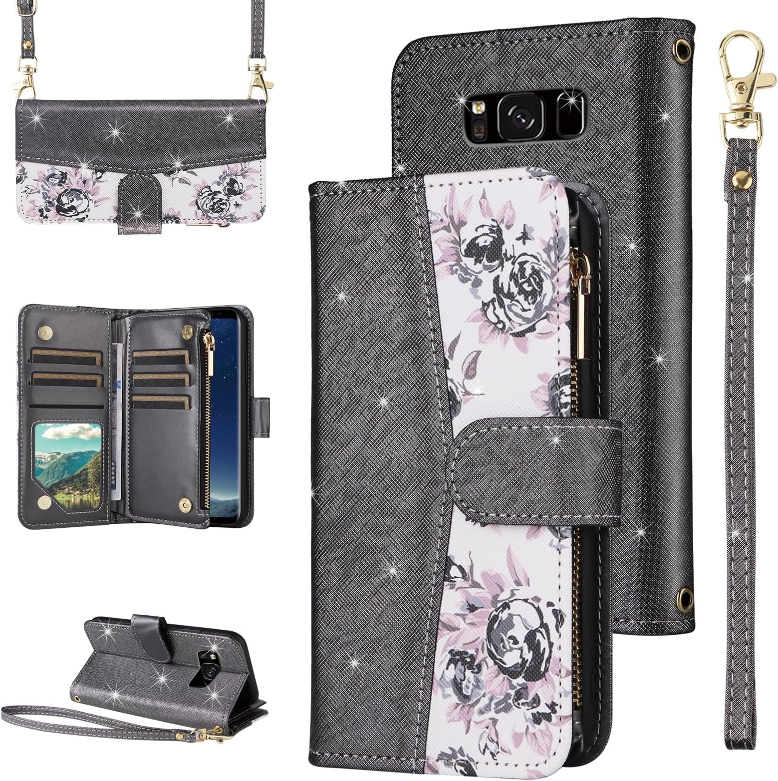 for Samsung Galaxy S8 Plus Floral Wallet Case with Flip Zipper Purse Wrist Strap Shoulder Strap, Luxury Glitter Card Holder Stand Phone Cover for S8plus S 8 8plus 8S Edge S8+ SM-G955U Black