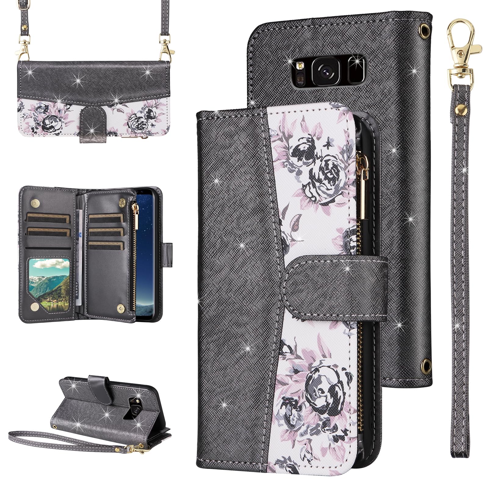 Furiet for Samsung Galaxy S8 Floral Wallet Case with Flip Zipper Purse Wrist Strap Shoulder Strap, Luxury Glitter PU Leather Card Holder Stand Cell