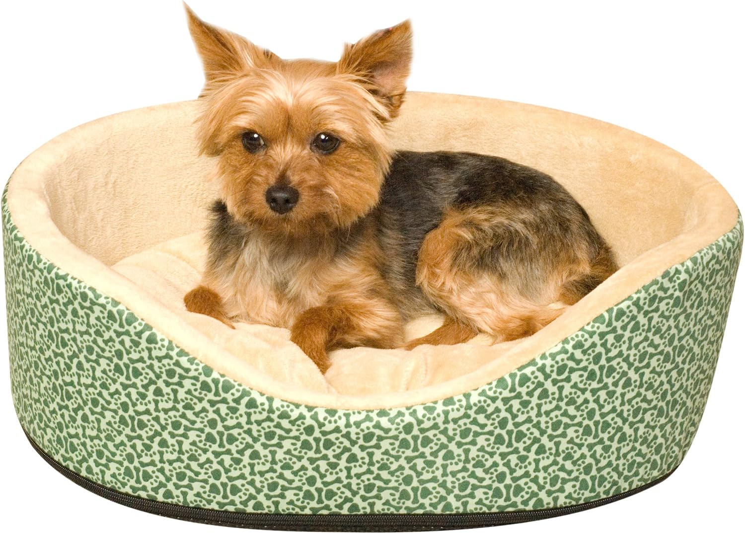 K&H Cuddle Sleeper Pet Bed, Oval, Small 14-Inch x 18-Inch, Green Paw Bone Print