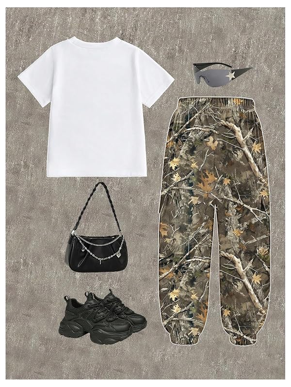 WDIRARA Girl's 2 Piece Outfits Bow Graphic Tee Camo Cargo Pants Set Streetwear Green 8Y by WDIRARA - Image 2