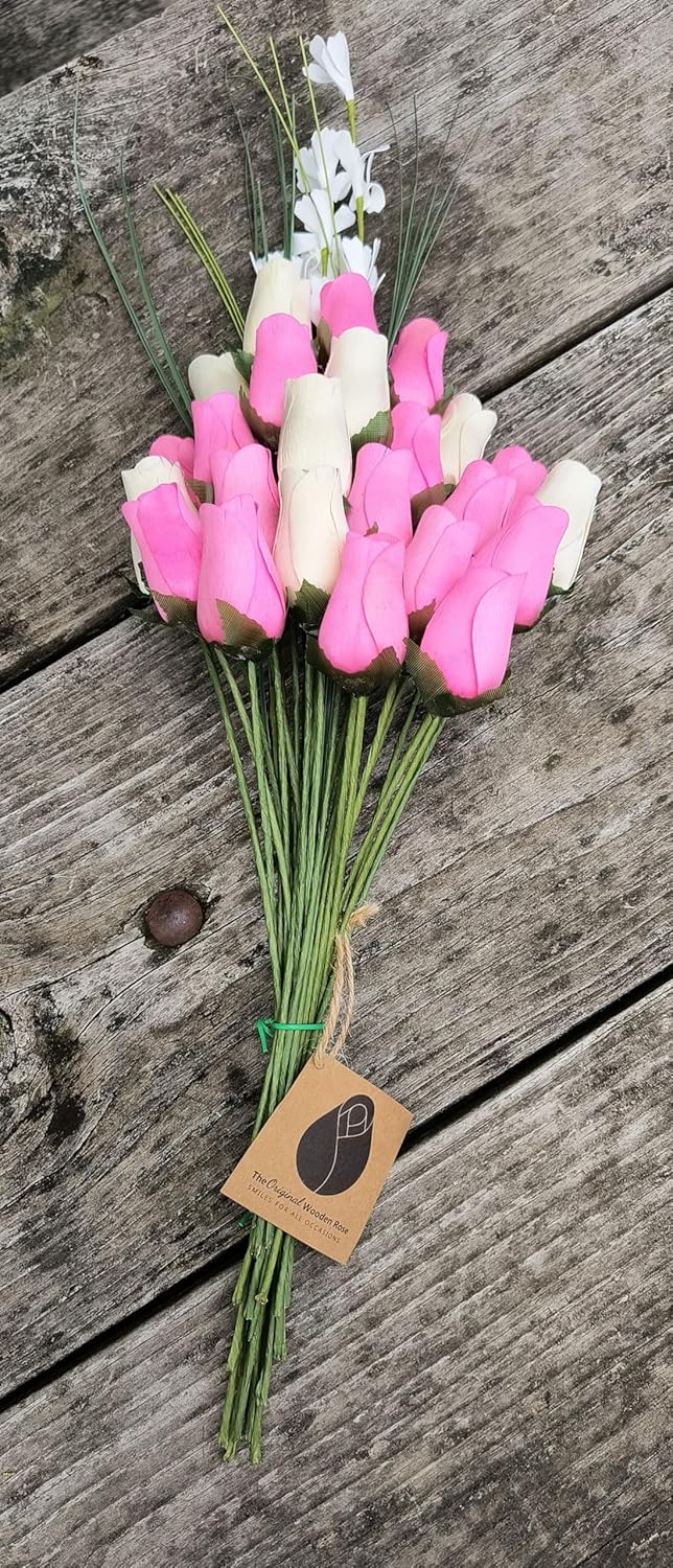 It’s A Girl Light Pink, and White Wooden Rose Flower Bouquet Closed Bud (2 Dozen)