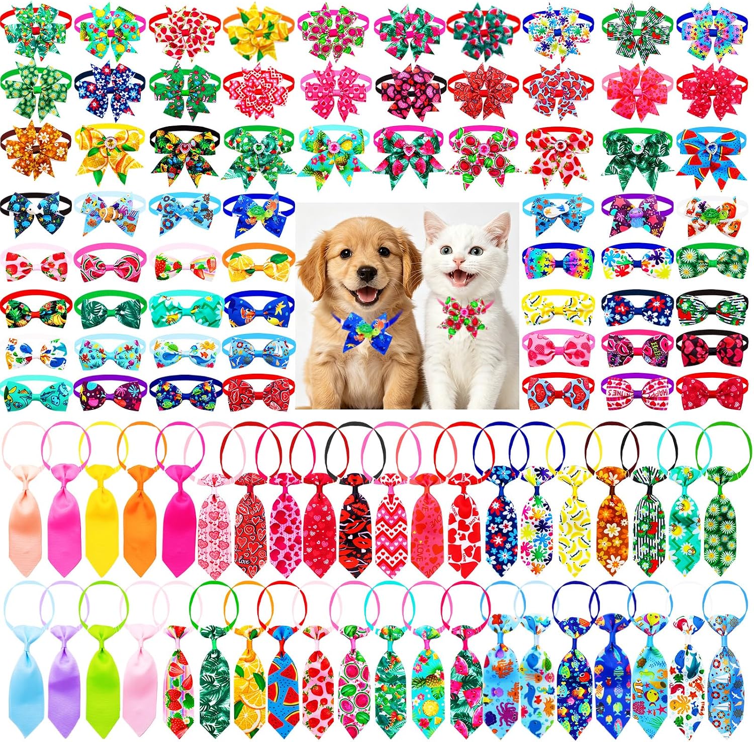 100 Pack Pet Bow Headbands & Elastic Neck Ties for Dogs & Cats | Round Loop & Sailor Bows & Neck Ties Mixed, Assorted Prints ,Stretch Elastic,Fits for Small Medium Puppies and Kittens