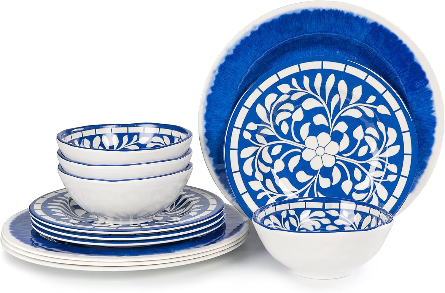 Melamine Dinnerware Set - 12 Pcs Dinner Dishes Set for 4, Plates and Bowls Set for Indoor & Outdoor Use- Dishwasher Safe, Unbreakable, Blue