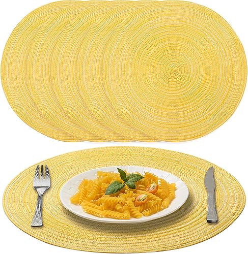Miniatura 20 de AHHFSMEI Juego de 6 manteles individuales redondos trenzados para mesas de comedor, tejidos naturales, resistentes al calor, 15 pulgadas (azul y