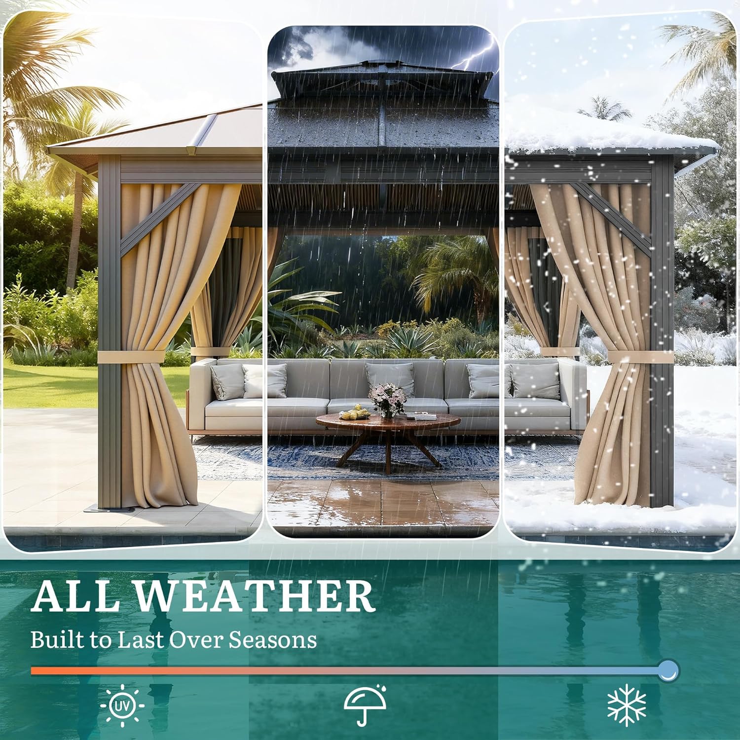 YITAHOME 10X10FT Hardtop Gazebo Outdoor Polycarbonate Patio Double Top Canopy Galvanized Iron Metal Column Garden Tent Curtains Netting for Backyards Decks Lawns,Brown