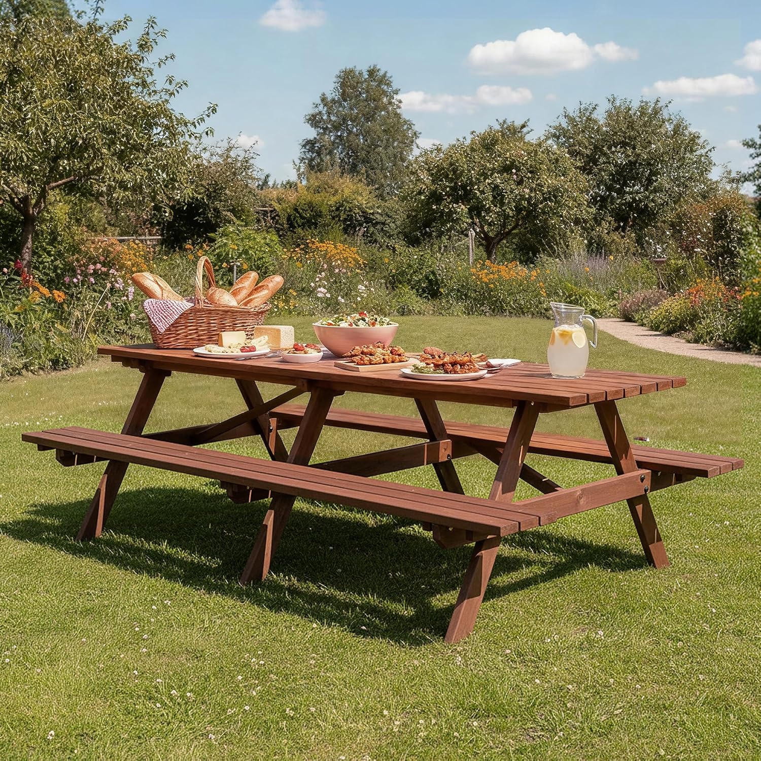 Picnic Table Bench Set for 12 Persons, 8FT Large Camping Table, Wood Outdoor Dining Beer Table Set with 2” Umbrella Hole for Patio Lawn Garden (Brown)