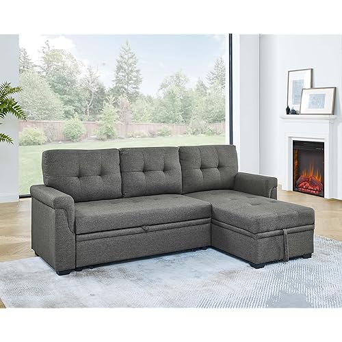 L Shaped Convertible Sleeper Sectional Sofa Pull-Out Couch Bed, Tufted Linen Upholstered Reversible Corner Couch Pullout Sofabed w/Detachable Backrest and Storage Chaise