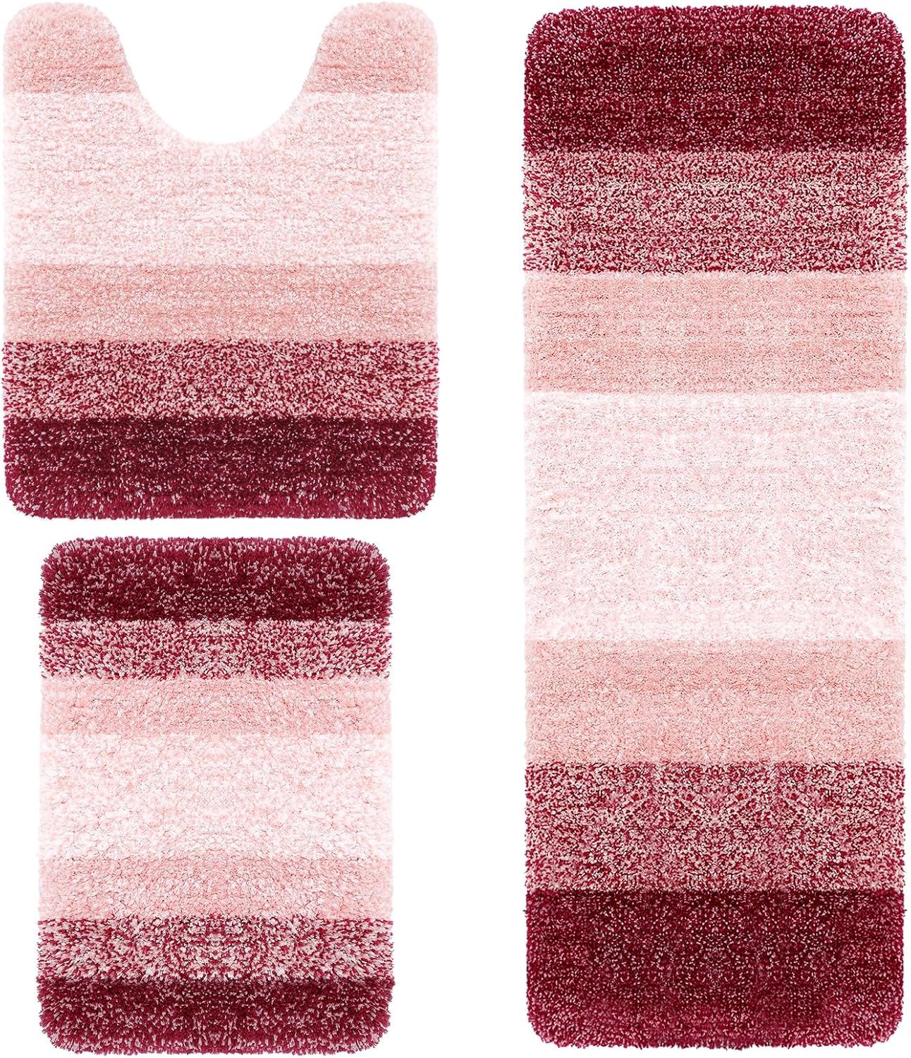 Arotive Microfiber Bathroom Rugs and Toilet Rugs U-Shaped 3 Pieces, Bath Rug Size 24x16, 47x17 and Toilet Rugs Size 24x20 in Burgundy, 3 Item Bundle