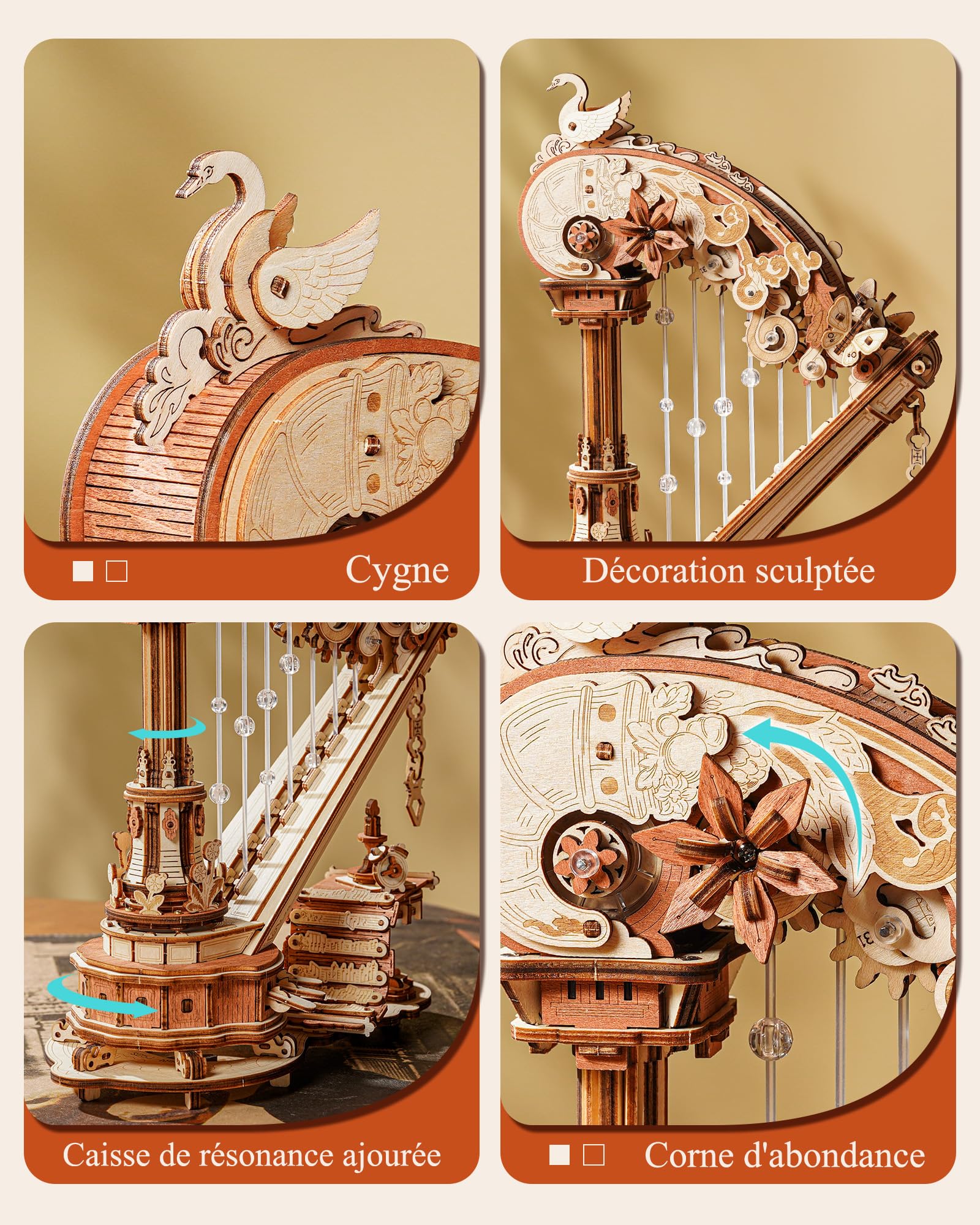 ROKR Puzzle 3D en Bois Modèle Dynamique de Harpe,AMK71 | Maquette à Construire,décoration de Bureau,Cadeau Anniversaire