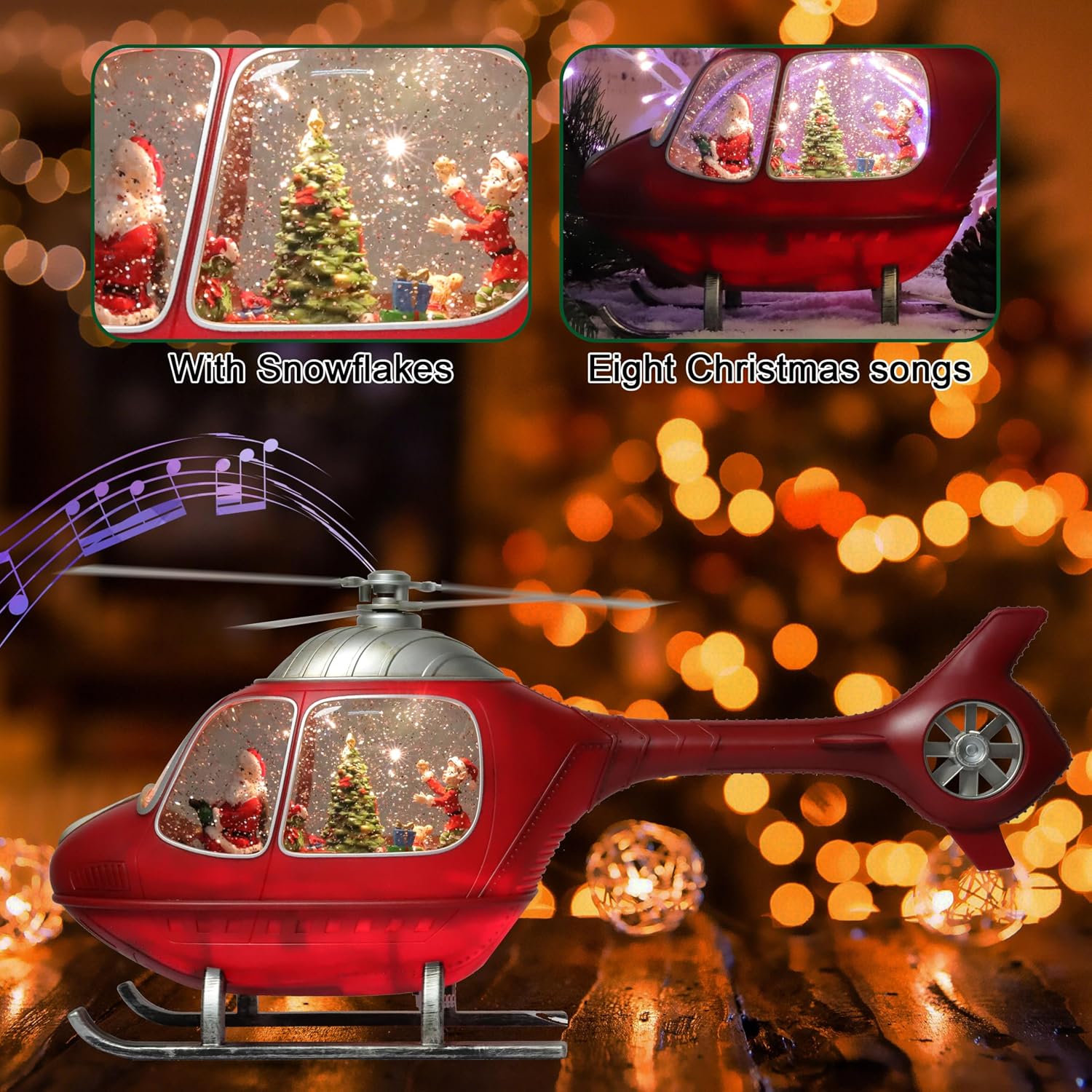 19.6“ Animated Acrylic Helicopter (Moving Fan) - LED Lights, Water Spinning Glitter-Painted Polyresin,Musical Helicopter Decor with Snow Globe Scene, Red
