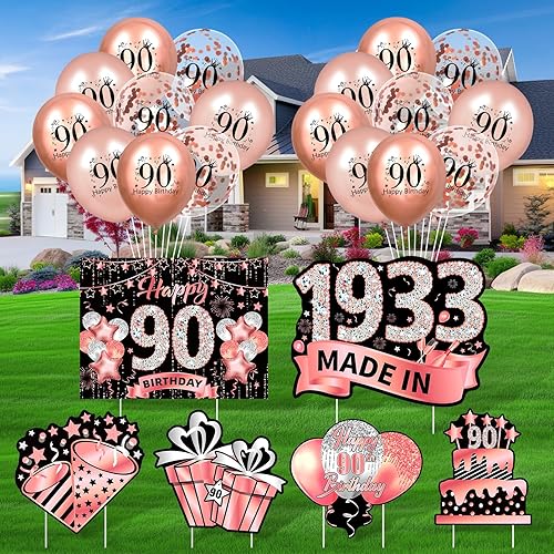 Decoraciones de cumpleaños número 90 para mujer, 6 letreros de cumpleaños 90 hechos en 1933 y 18 globos de oro rosa para cumpleaños de 90 años,