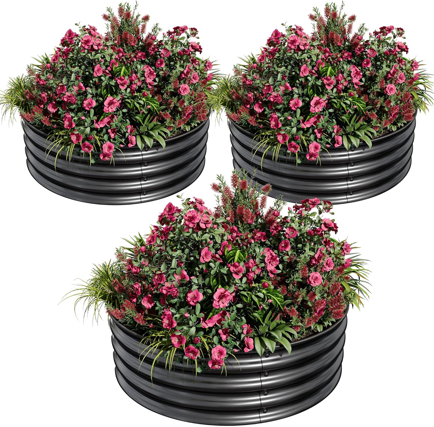 Round Raised Garden Bed, 3PCS 2 x 1ft Galvanized Raised Boxes with Rust-Resistant, Easy Assembly, Safe Edge, Metal Garden Bed Kit for Planting Vegetables, Fruits, Flowers, Black