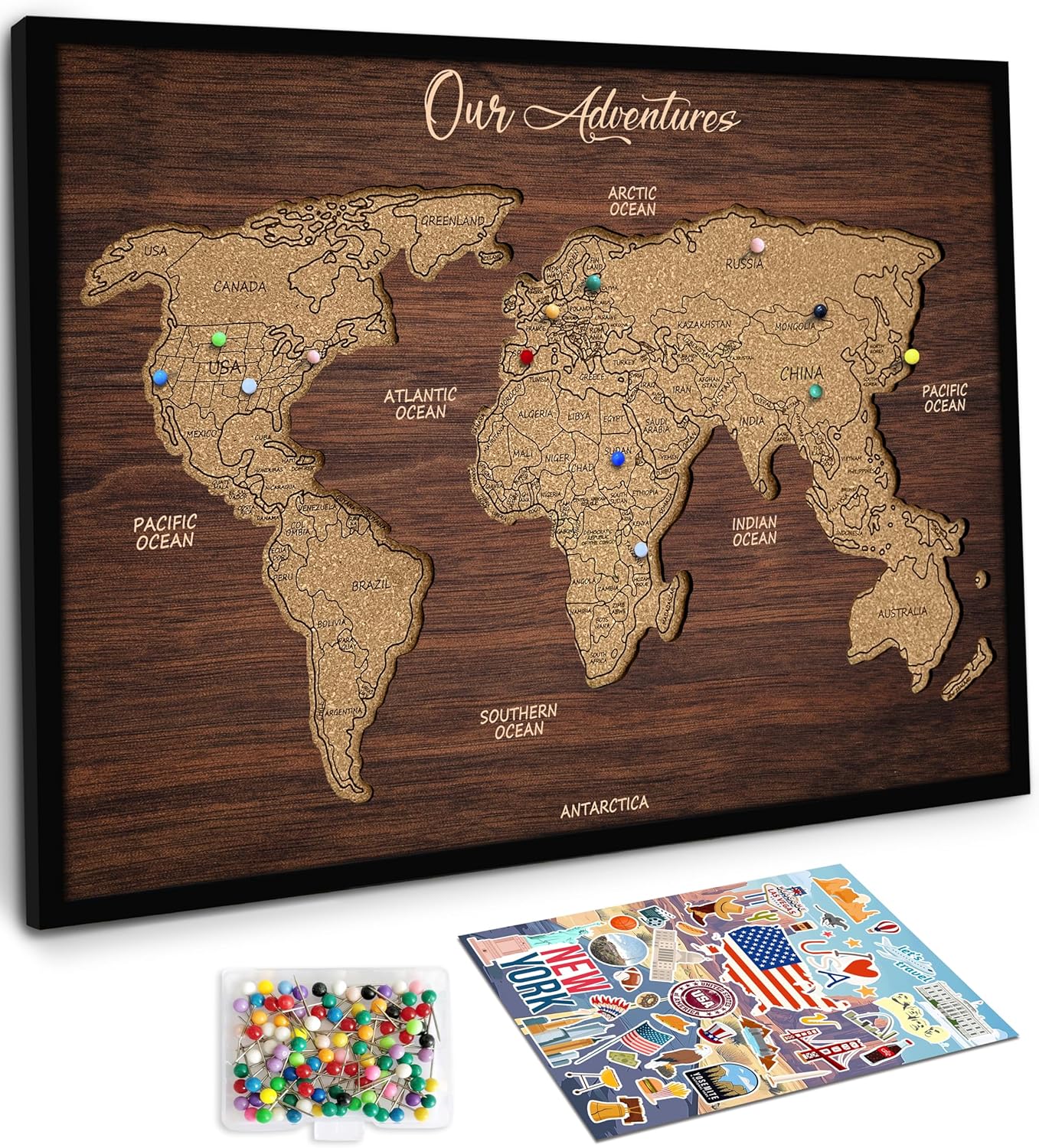 flinelife Push Pin Travel Map, 12X10, Cork Board Usa Travel Map With Pins,50 States Travel Map Pin Board, Perfect Travel Map for Couples Gift