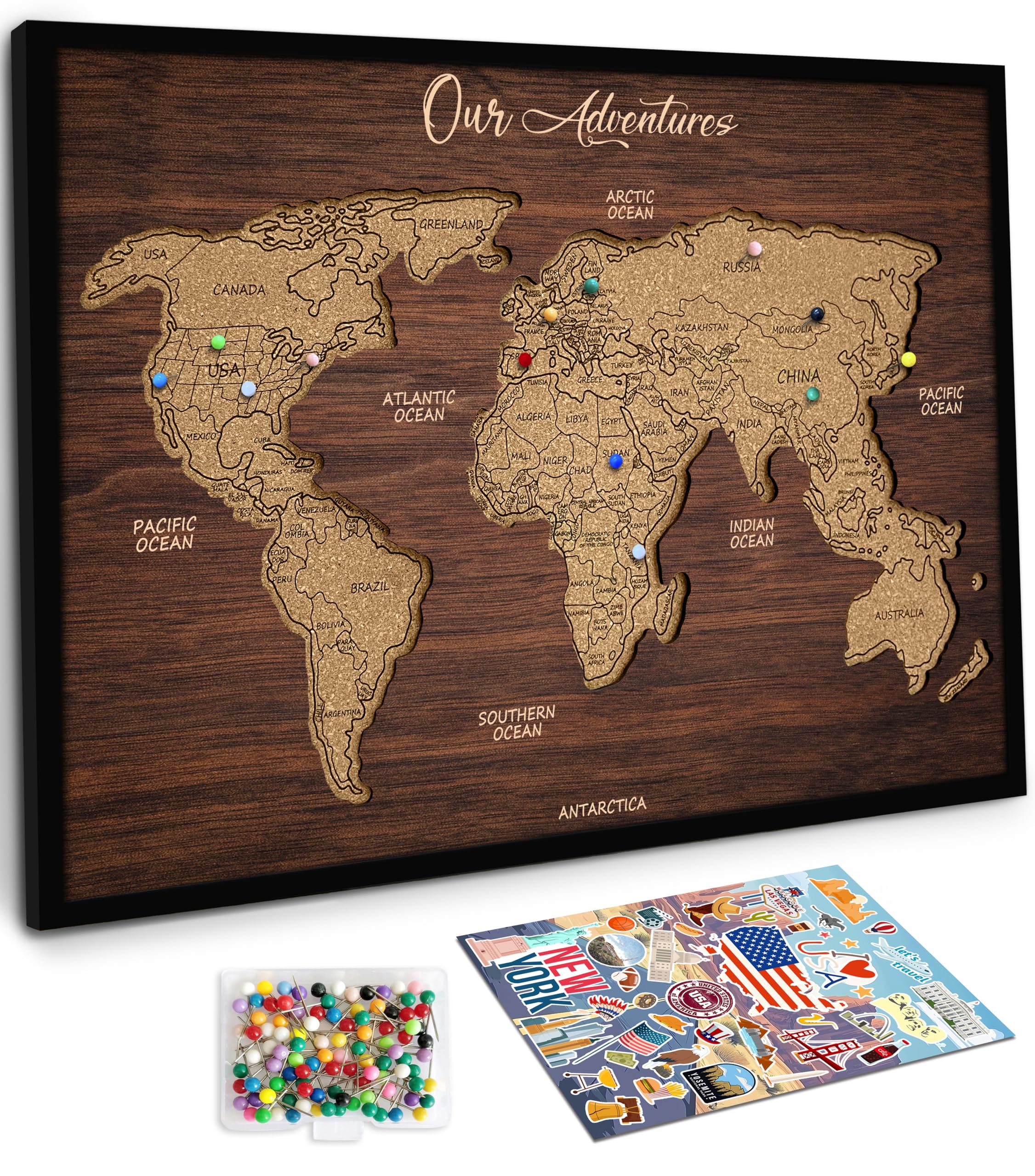 Carte du monde en liège flinelife pour noter ses voyages et souvenirs