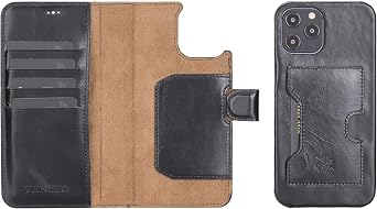 Venito Florence Leather Wallet Phone Case Compatible with iPhone 12 Pro Max 6,7 inch - Extra Secure with RFID Blocking - Detachable Phone Wallet Rustic Black