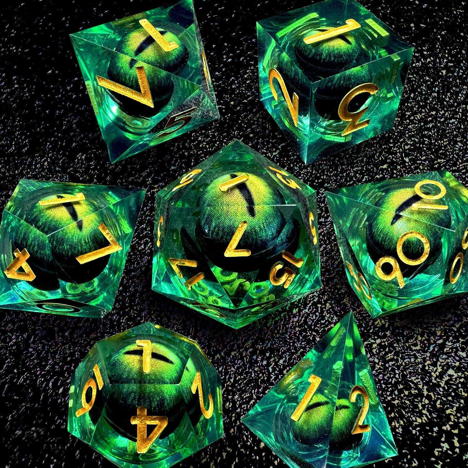 HAOMEJA DND Resin Dice Beholder's Dragon Eye Liquid Core Dice Set with Gift Eye Bag, Sharp Edges Dice Set 7 PCS Apply to Dungeons and Dragons Dice D20 D12 D10 D100 D8 D6 D4 (Eye Green)