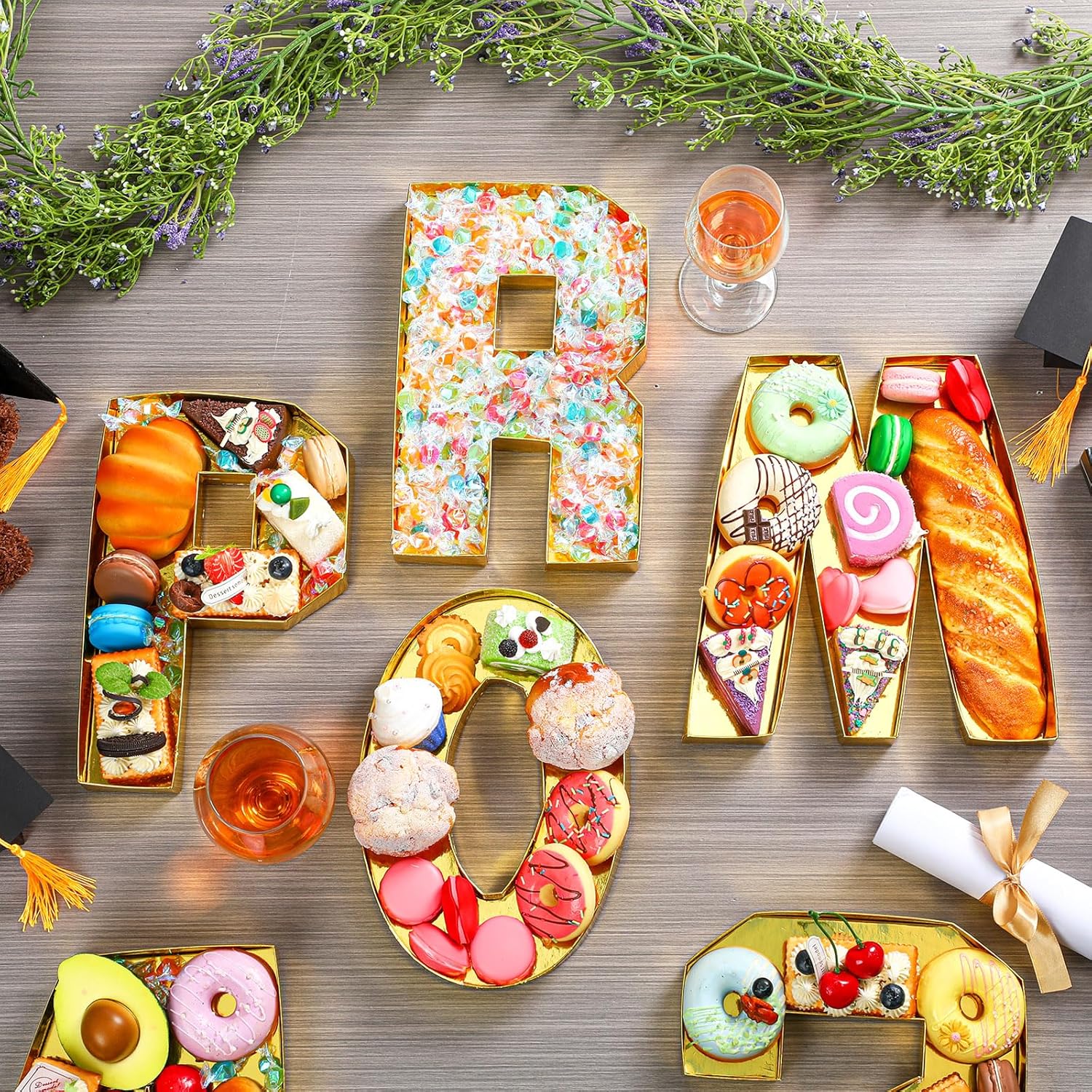 Nuogo 8 Pcs Gold Prom Graduation Paper Letter Charcuterie Graduation Party Favors Supplies Container Graduation Cardboard Fillable Cutout Candy Tray Sweet Chocolate Disposable Party Treat Box 8.5 Inch