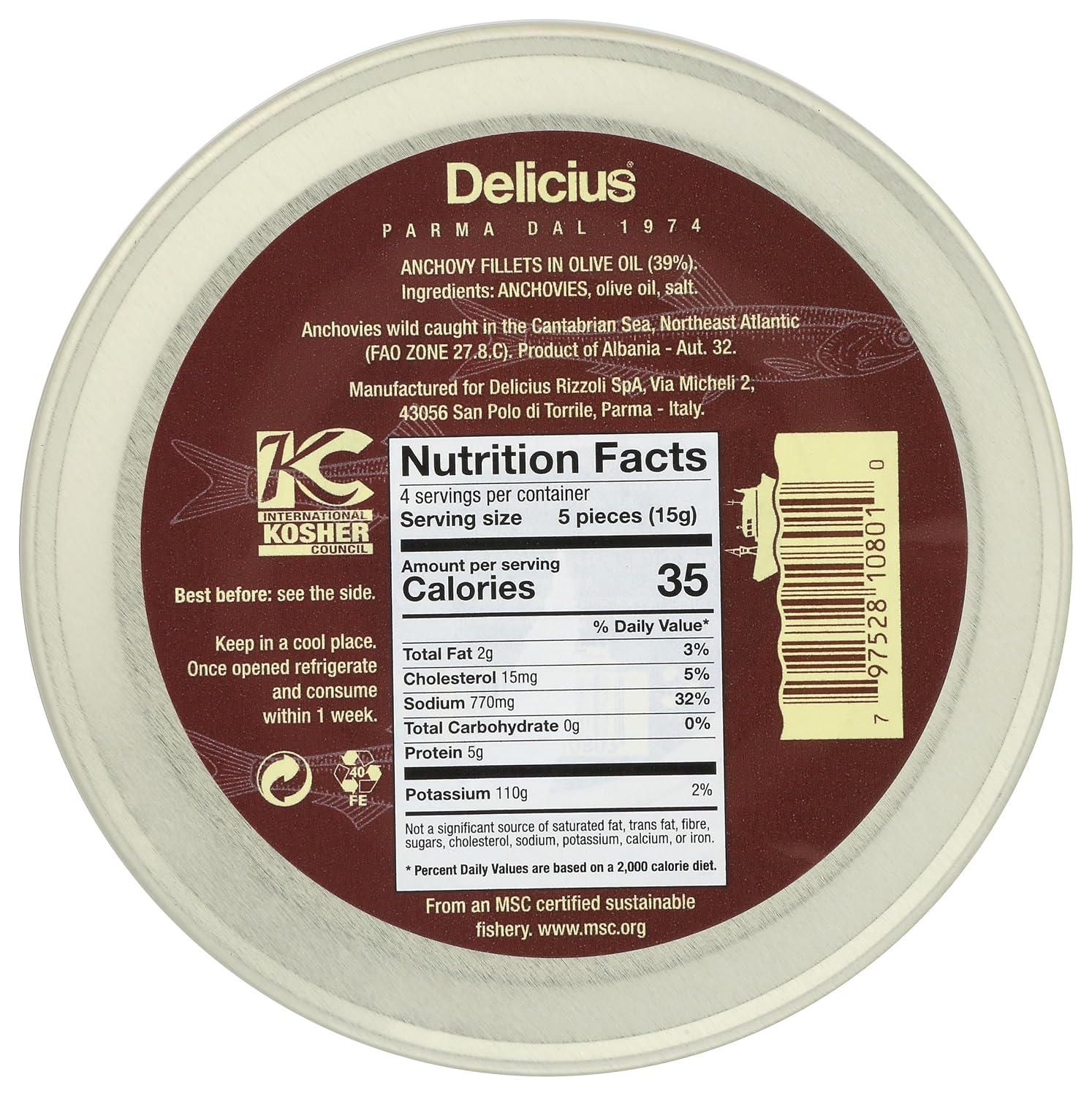 Delicius, Fillets Anchovy Cantabrian Sea In Olive Oil MSC, 3.2 Ounce