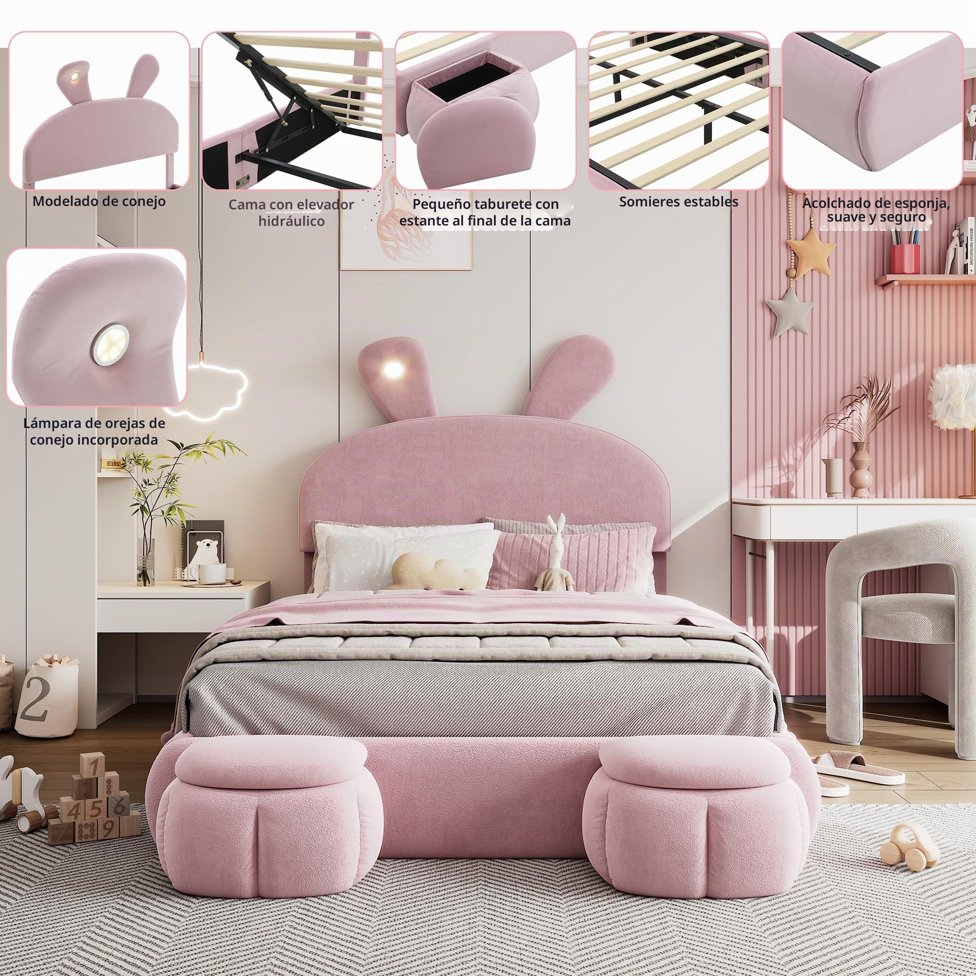 Camas Matrimoniales Cama Tapizada 140x200 cm con Forma de Conejo y LED, Camas Juveniles con 2 Taburetes y Cabecero Ajustable, Cama Niña, Estructura Metálica, Rosa, Terciopelo, Sin Colchón