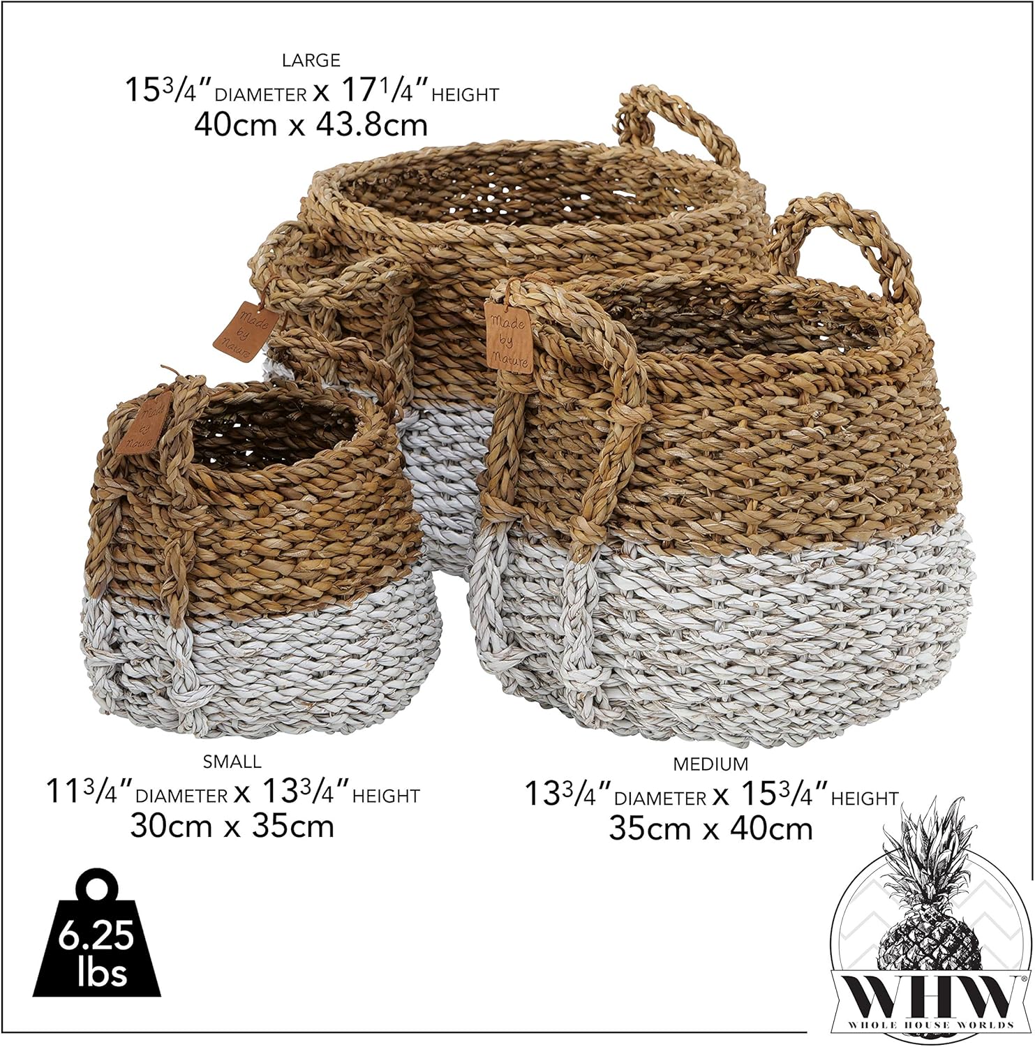 70% оƒƒ Dіѕсоunt WHW Whole House Worlds Two-Toned Handwoven Belly Baskets, Set of 3, White Bottom Accents, Chunky Weave, Natural, 17.75, 15.75 and 13.75 Inches Tall