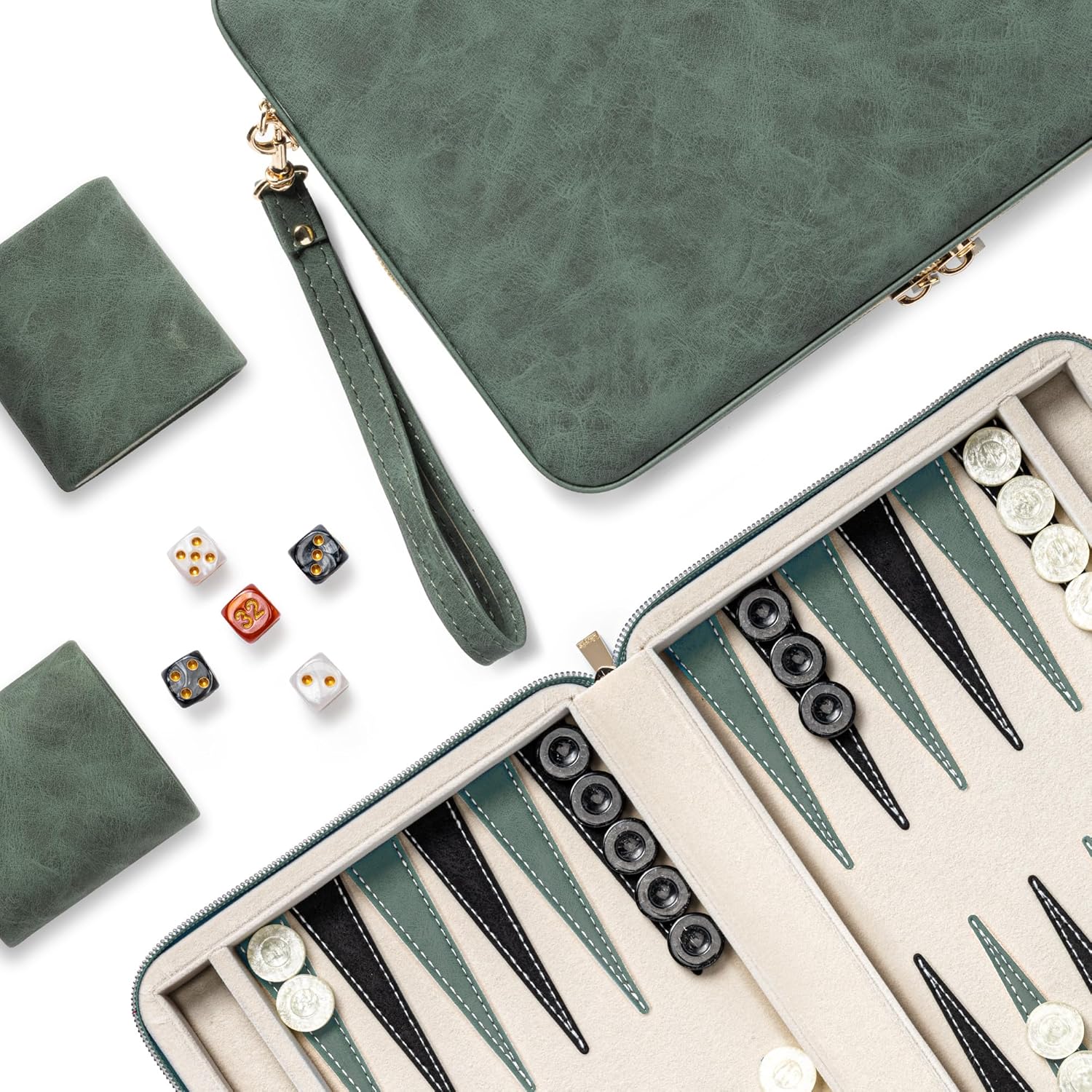 Backgammon Sets for Adults, Classic Board Game with Folding Faux Leather Backgammon Case, Portable Travel Backgammon Game Set (Green)