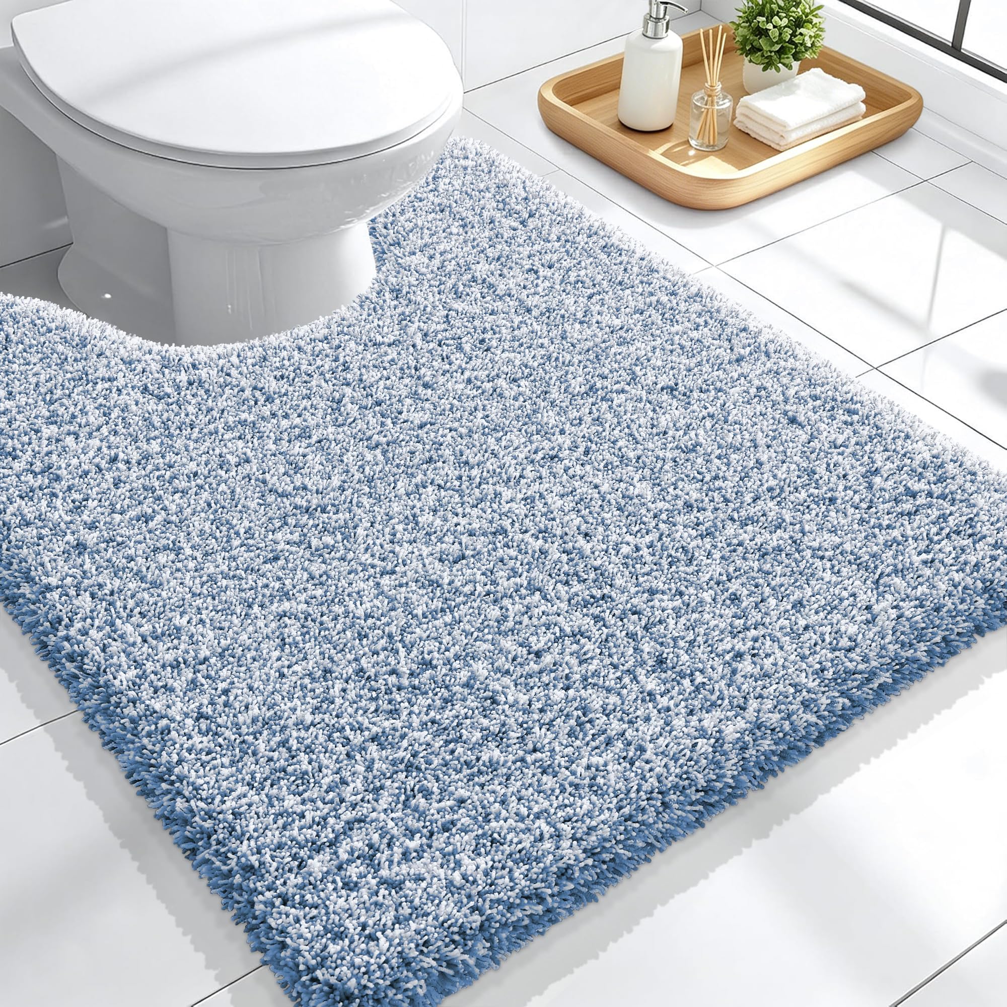 OLANLY Microfiber Bathroom Rugs U-Shaped 24x20, Cornflower Blue and White