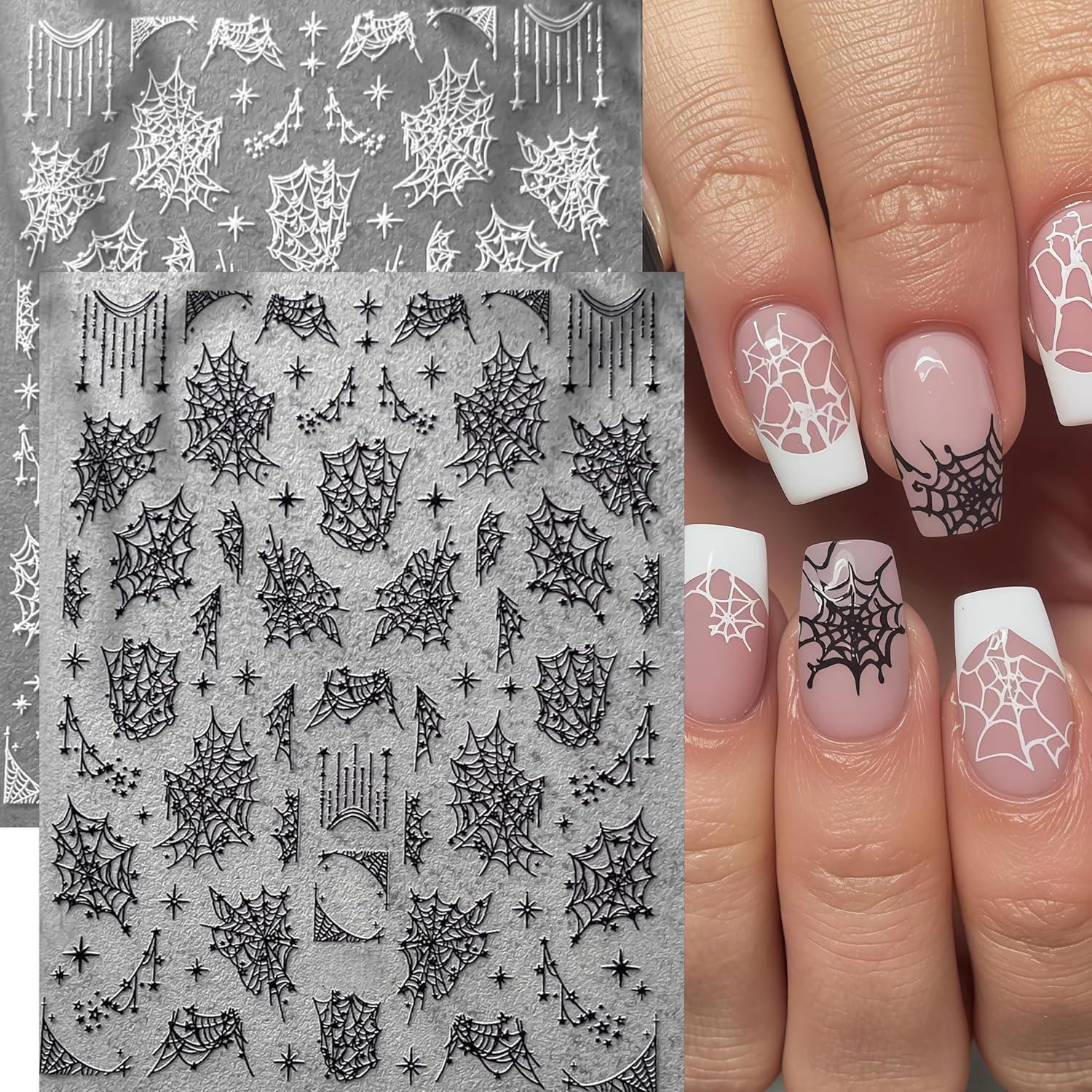 3 Sheets Spider Web Halloween Nail Stickers for Nail Art Black White Red Spider Web Nail Decals 5D Self-Adhesive Spider Webs French Nail Design Goth Halloween Holiday Nails Supplies for Women Manicure image 5