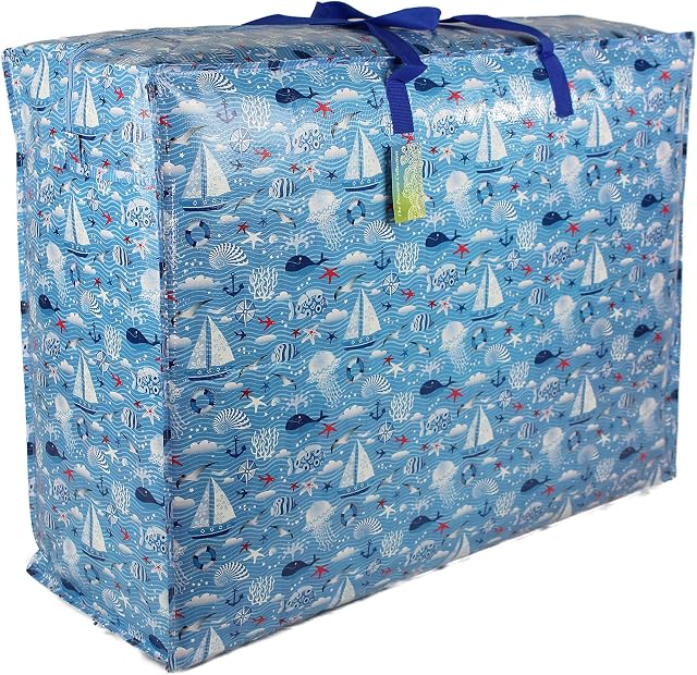 Extra Large 115 litre Storage Bags Water & Dust Resistant. Double zipped storage bags for toys, laundry, bedding. Underbed Wardrobe Space Saver Blue Seaside print