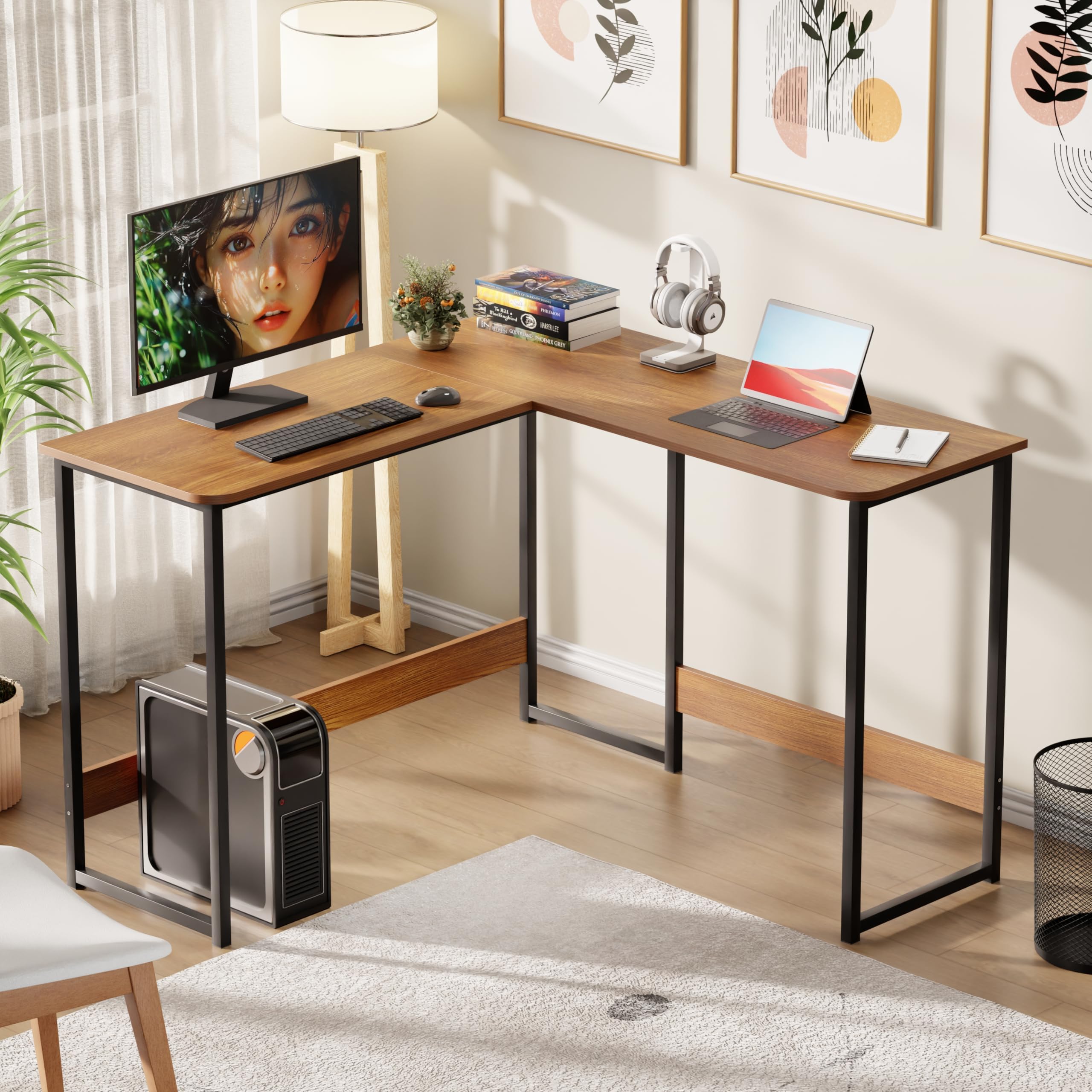 Lukzer Engineered Wood L-Shaped Corner Study and Computer Laptop Table for Home or Office | MST-007/Black & Oak Brown | Multi-Functional Gaming Station and WFH Desk with Metal Frame