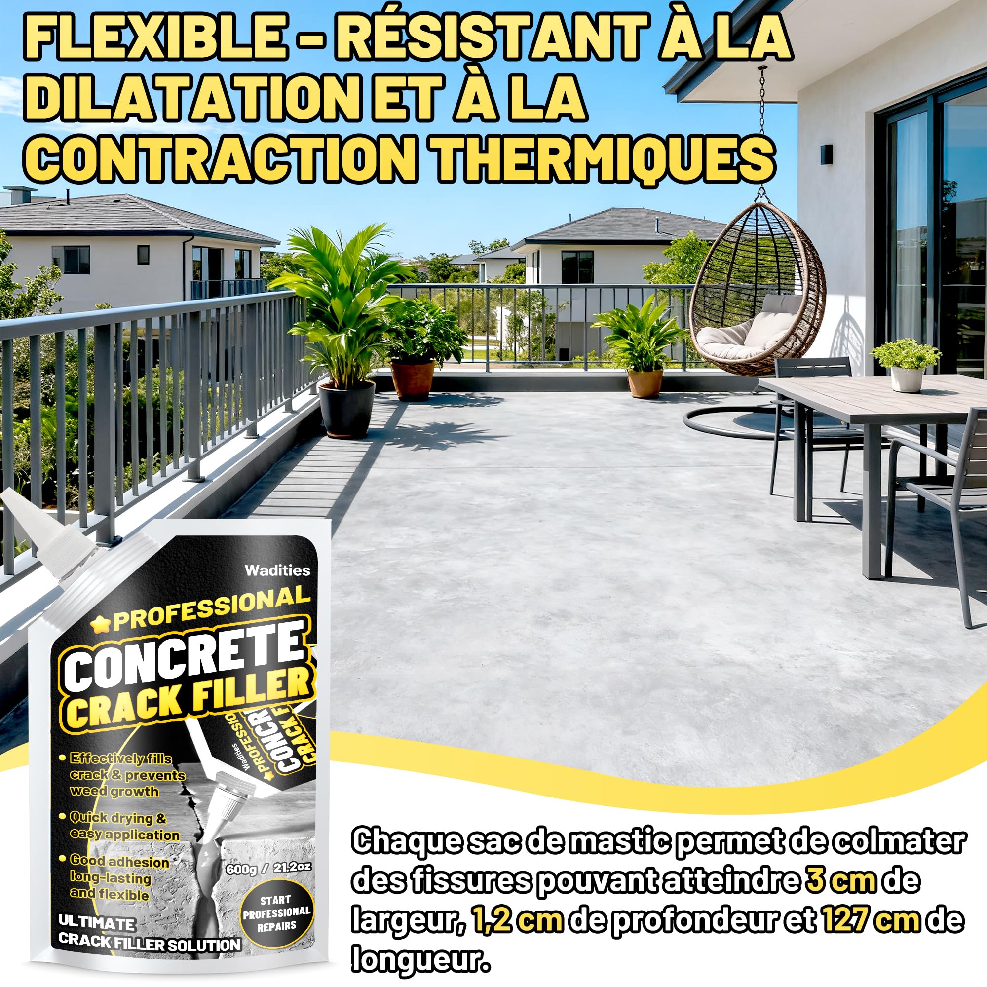 Remplisseur de fissures dans le béton 2.4kg, mastic d'étanchéité pour la réparation du béton des allées, des trottoirs, des terrasses, des joints, scellant à séchage rapide pour l'extérieur - Gris