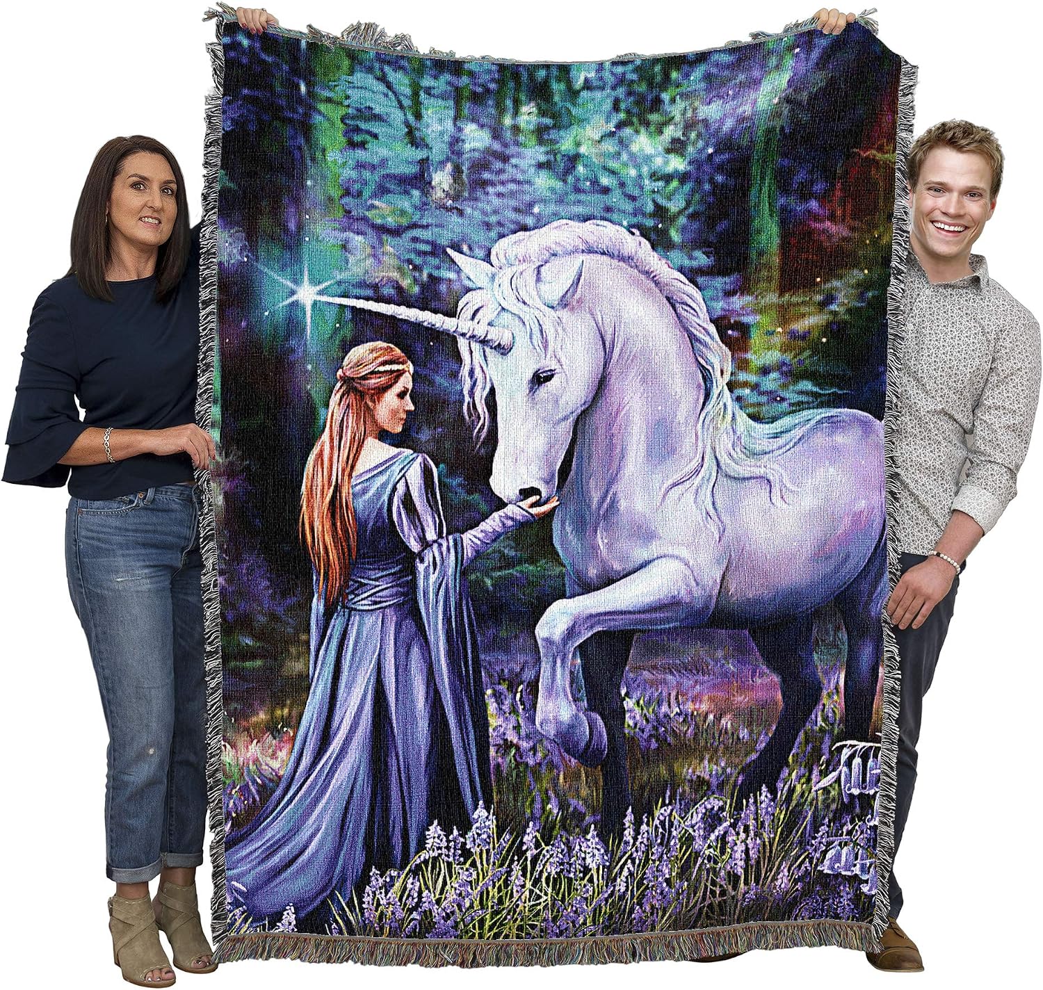 Pure Country Weavers Bluebell Unicorn Woods Woven Blanket by Anne Stokes - Fantasy Gift Cotton Tapestry Throw - Made in The USA - 72" x 54"