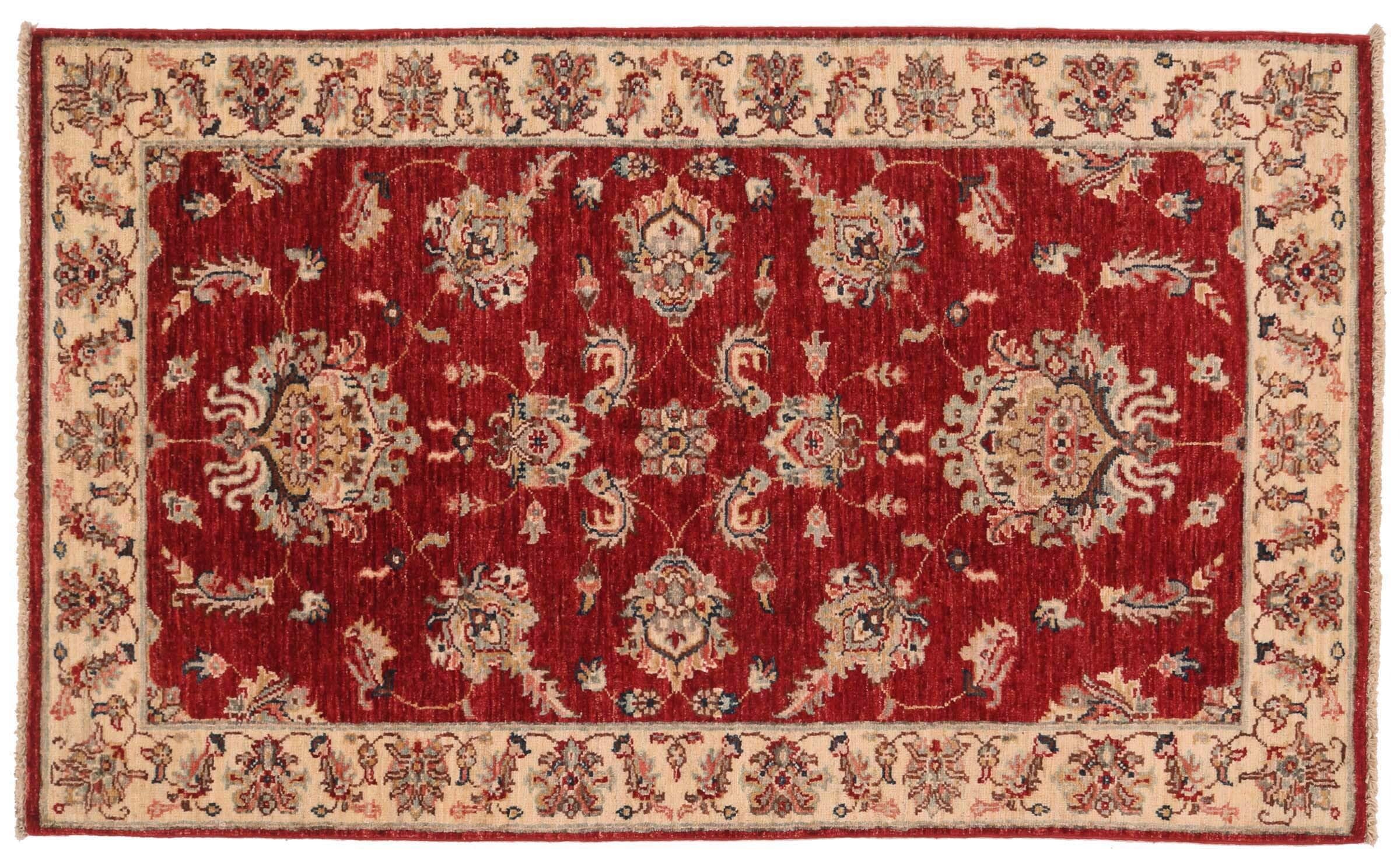 Tapis oriental Chobi Ziegler noué main rouge motif floral 90x150