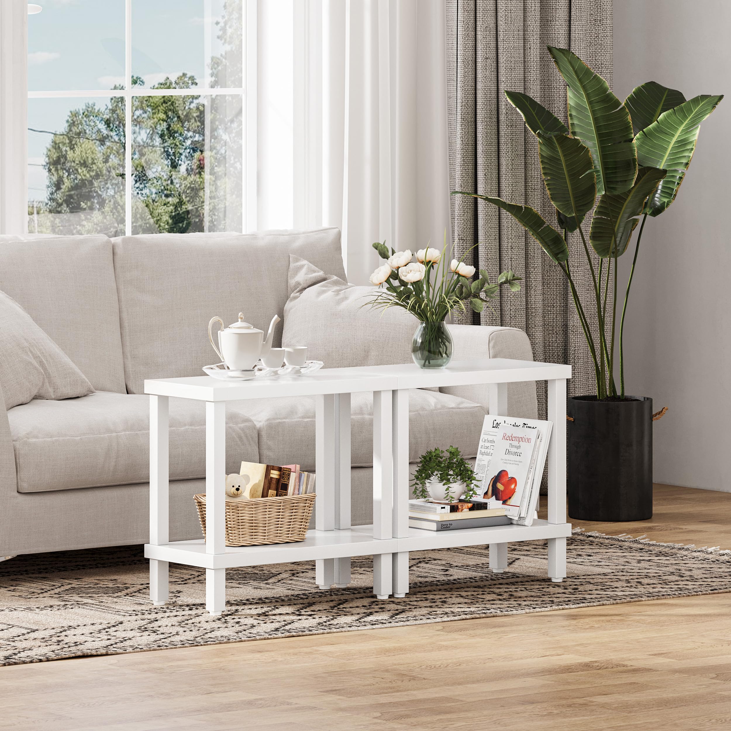Mesa Auxiliar Pequeña de Madera Ideal para Salón o Dormitorio Medidas 60x30x58cm Mesa Centro a Dos Niveles Elegante y Funcional Rectangular Blanco LET511W