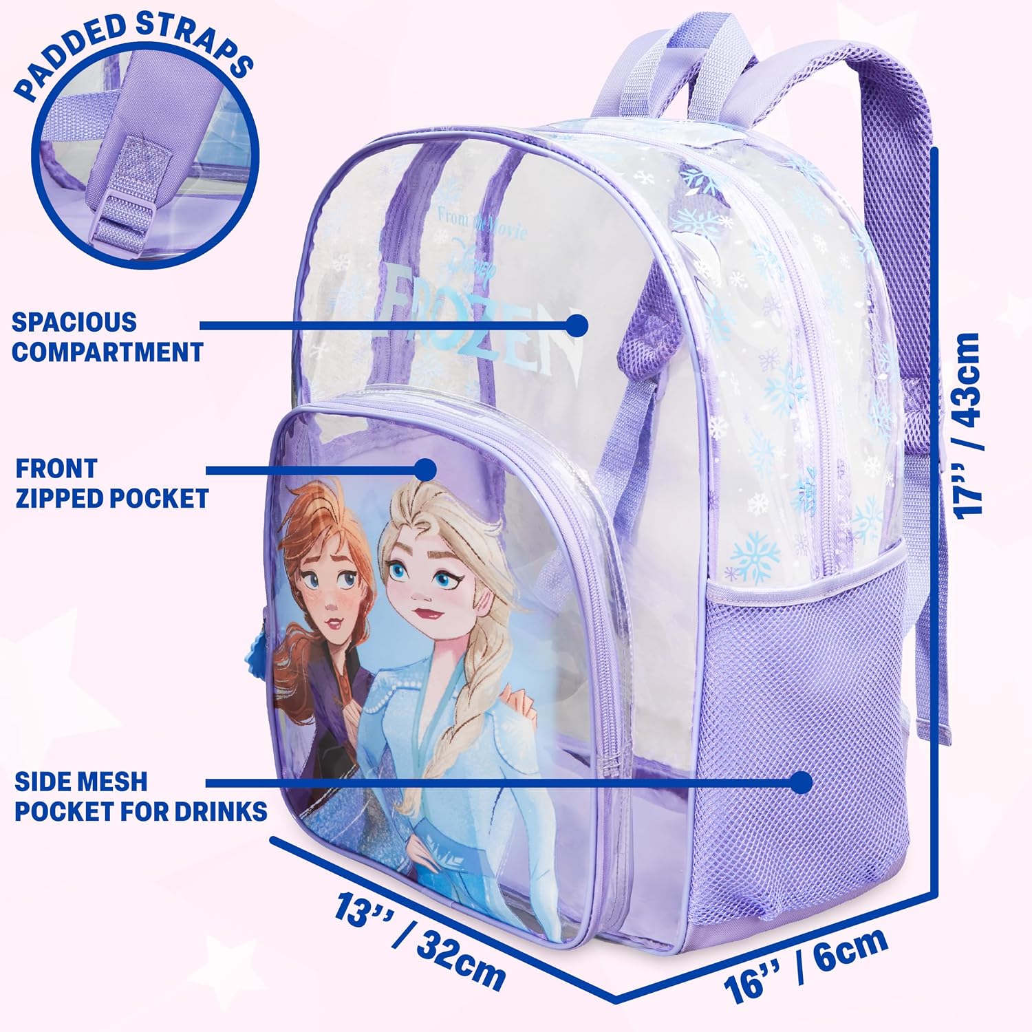 Get Trend Disney Frozen Girls Clear Backpack for Stadium Events, 17 inch Transparent School Bookbag, See Through Travel Bag with Adjustable Straps, Elsa Anna Gifts for Girls (Blue Frozen)