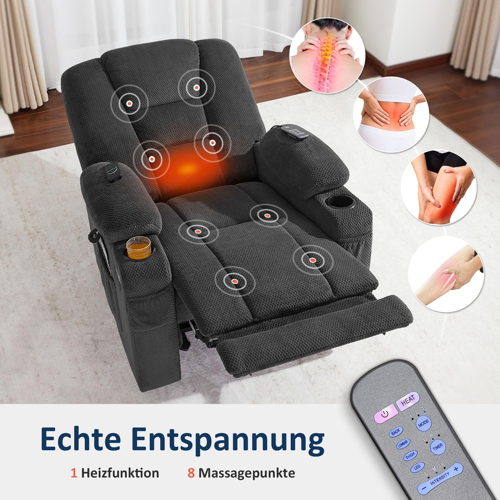 M MCombo Fauteuil TV à réglage électrique, Fauteuil Relax avec Fonction Chaise Longue, Fauteuil TV avec Fonction Massage & Chauffage, USB & Porte-Boissons, Salon, Tissu, 7008 (Gris foncé)