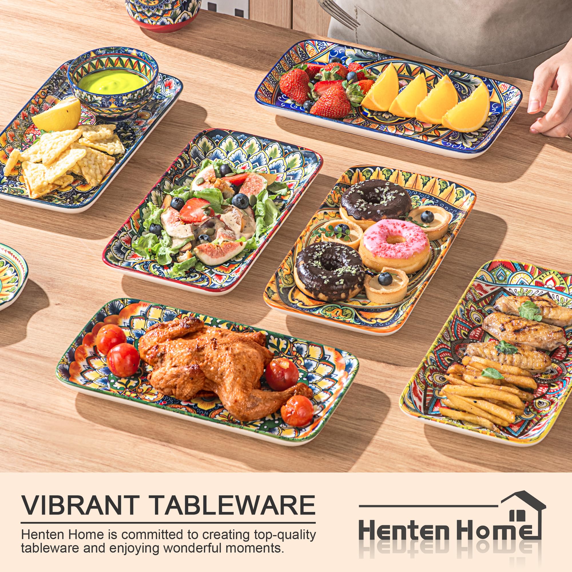 Henten Home Półmisek do serwowania 6 szt., prostokątna patera na ciasto 25,5 cm/10", talerz do serwowania przystawek, sushi, owoców, sałatek, deserów – nadaje się do kuchenki mikrofalowej / piekarnika