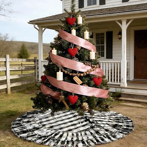 Falda de árbol de Navidad a cuadros blancos y negros con volantes, falda de árbol de guingán de Navidad, estilo granja, 48 pulgadas, decoración