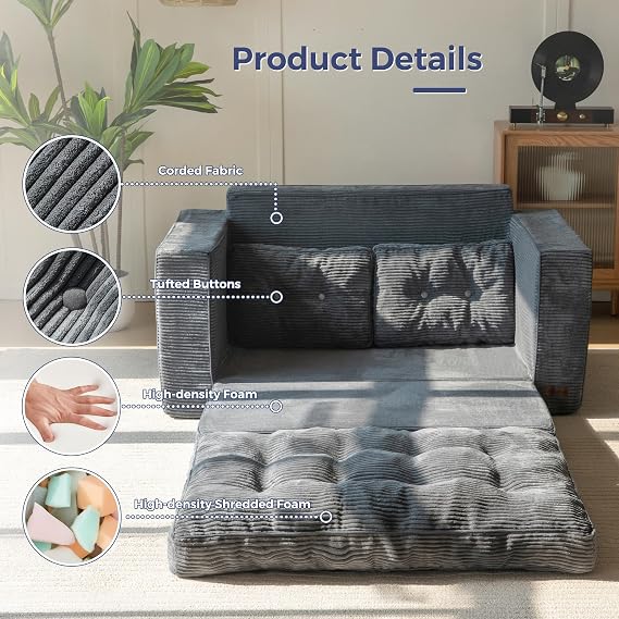 MAXYOYO Sofa Bed, Loveseat Sofa Convertable with 2 Pillows, 2 in 1 Comfy Corduroy Sofa 2 Seater, Floor Lounger Pull Out Sleeping Area 113x190CM, 15cm Thincken Foam