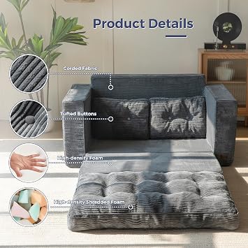 MAXYOYO Sofa Bed, Loveseat Sofa Convertable with 2 Pillows, 2 in 1 Comfy Corduroy Sofa 2 Seater, Floor Lounger Pull Out Sleeping Area 113x190CM, 15cm Thincken Foam