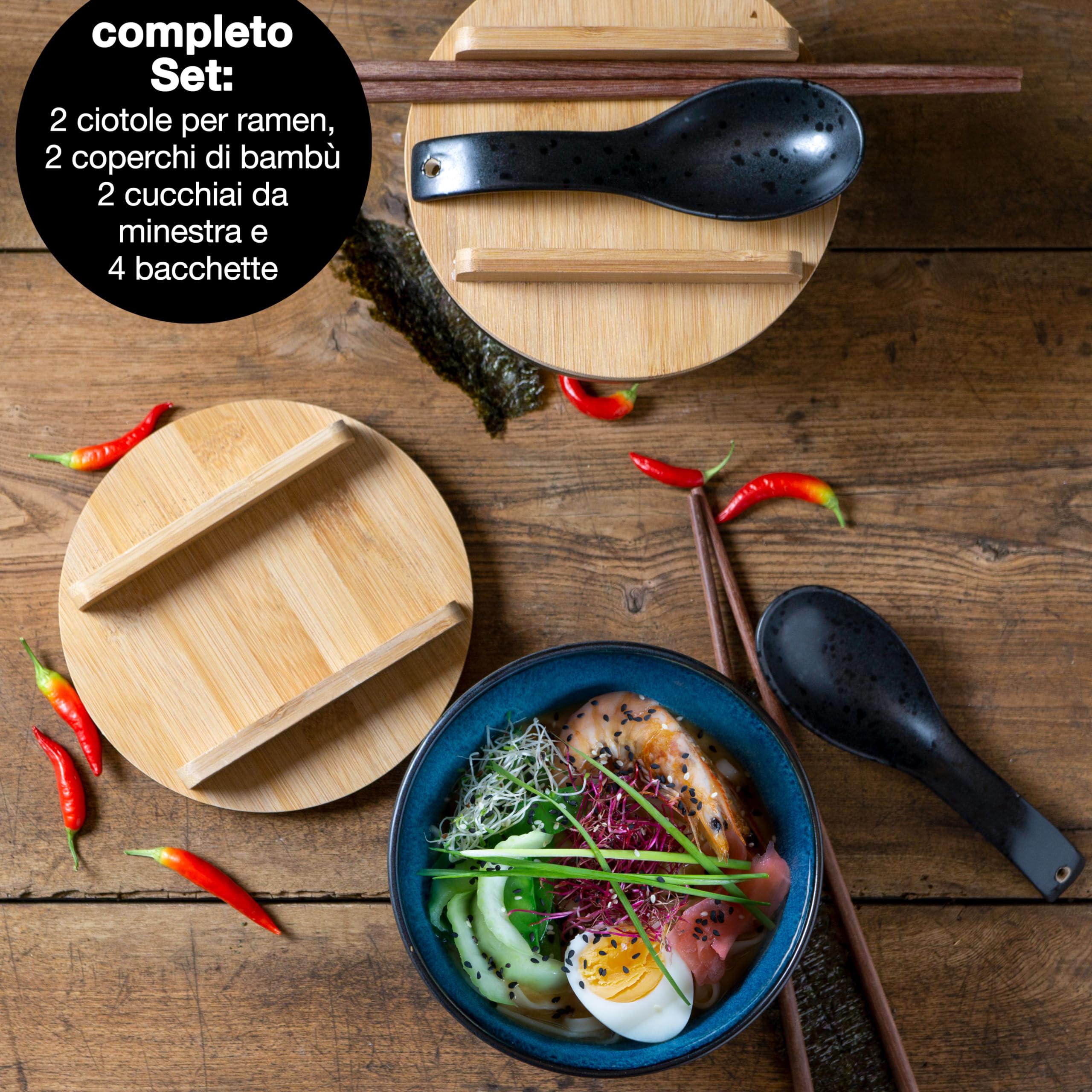 Moritz & Moritz SOLID Ramen - 2 ciotole in ceramica – 600 ml – 15 cm Ø – nero blu – Set per 2 persone – per zuppa, Pho e Sushi Bowl – Incl. bastoncini, coperchio e cucchiaio