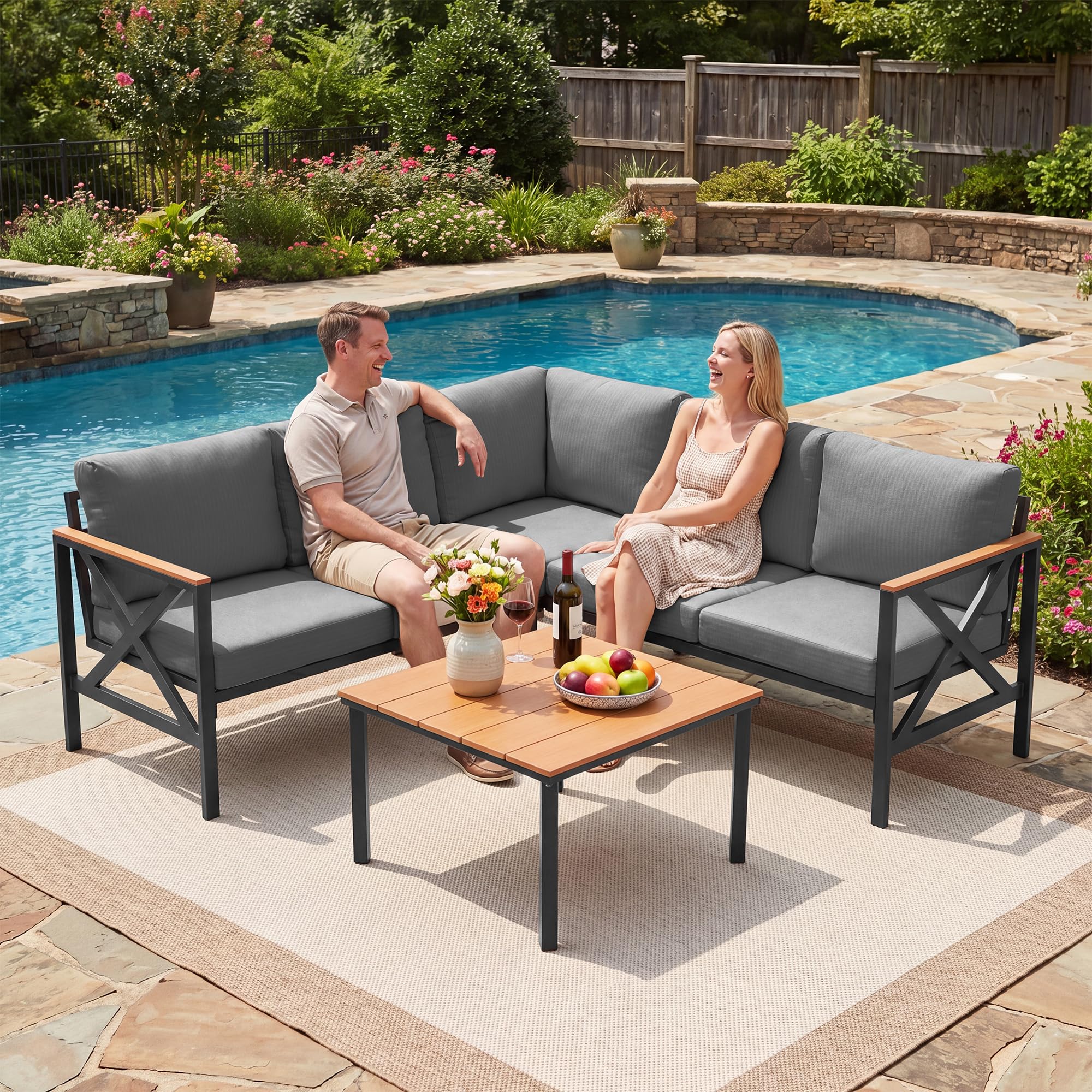 Metal Gartenmöbel Set,6-Teiliges,L-Form Outdoor Sofa mit Couchtisch und 10cm Olefin-Schaumstoffkissen,Wetterfest Lounge für Garten,Terrasse,Pool,Unterhaltungssets bis 6 Personen,Grau