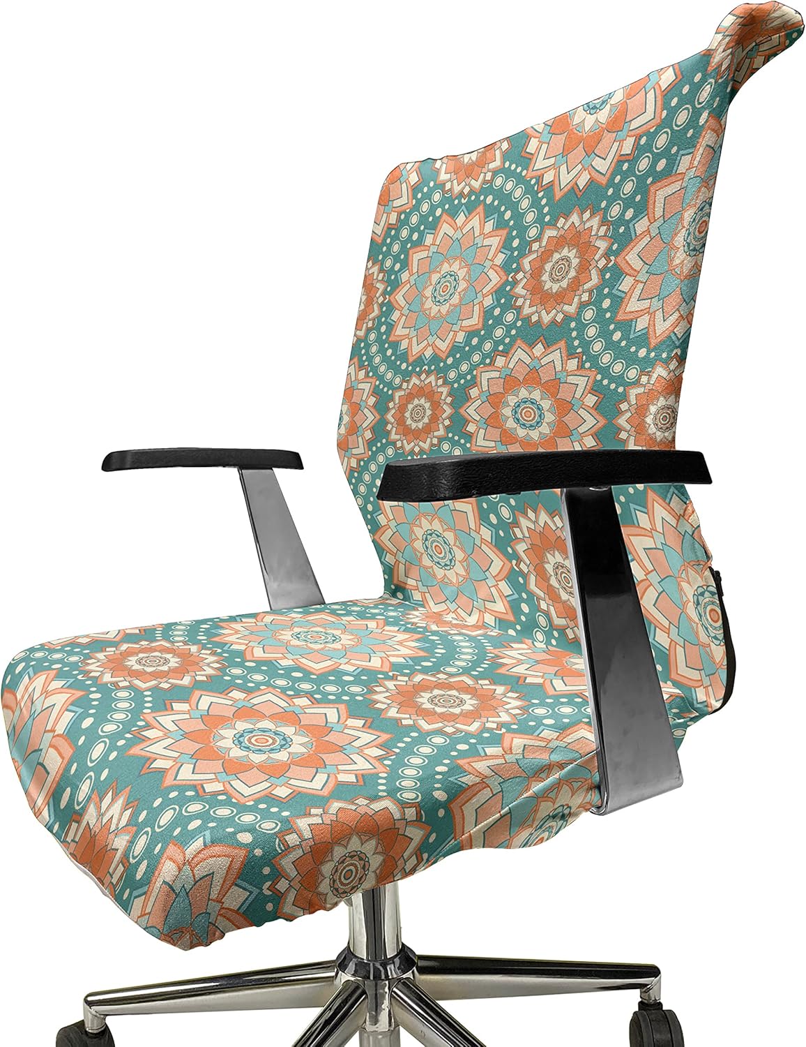 Ambesonne Lotus Office Chair Cover, Mandala Motifs of The Oriental Cultures with Bohemian Inspired Flower, Stretchable Decorative Universal Size High Back Printed Slipcover, Blue Beige