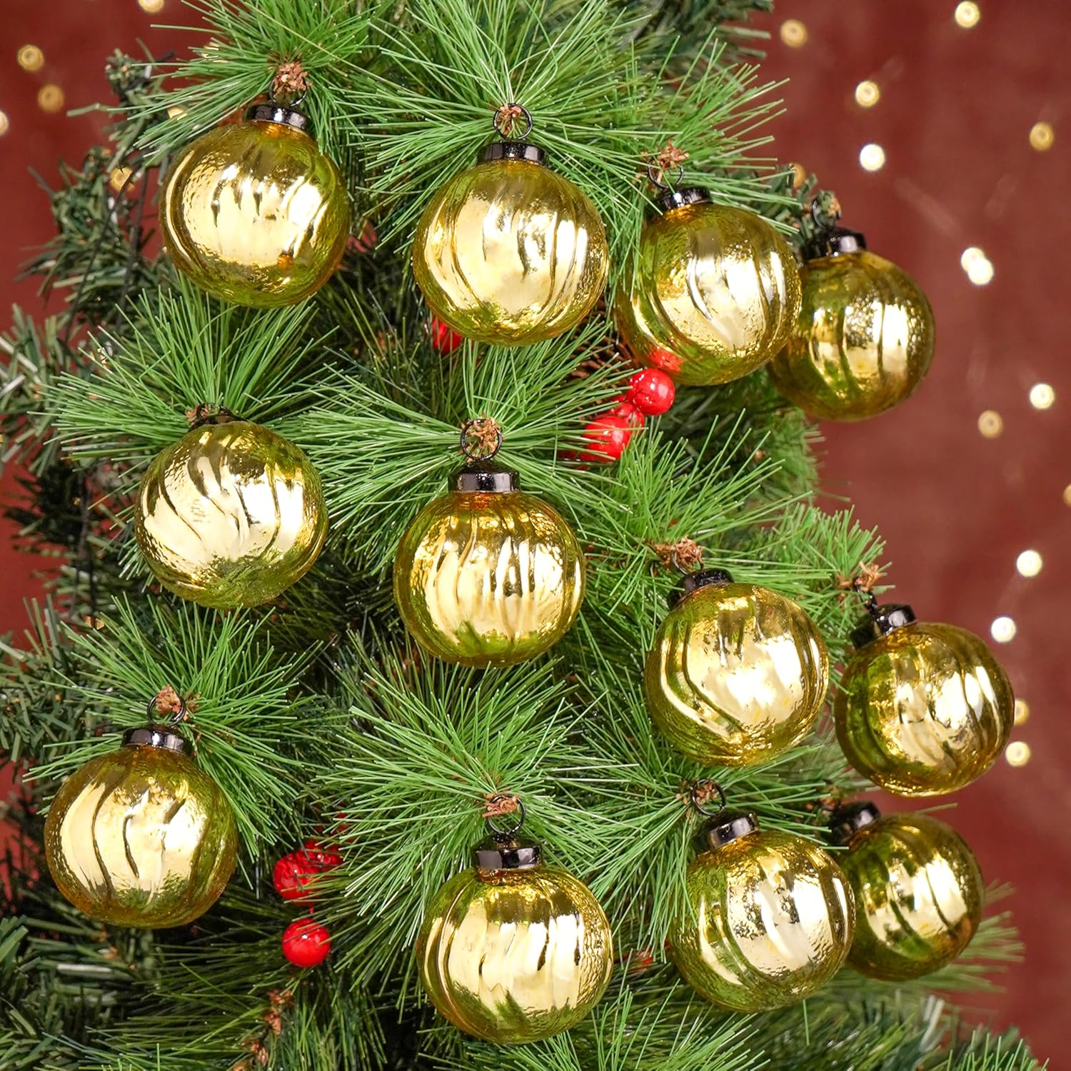 IndianShelf 12 Vintage Mercury Large Christmas Ornaments Golden Unique Glass Christmas Balls for Christmas Tree, Halloween, New Year, Valentine Day, Holidays, Event & Wedding Party Decor-2 Inch