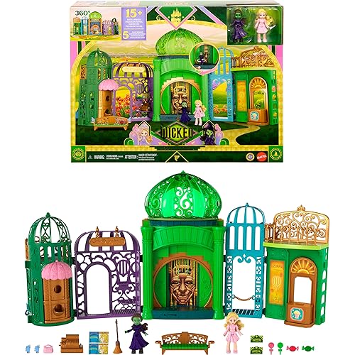 Mattel Universal Pictures’ Wicked Emerald City Playset with Glinda & Elphaba Small Dolls, 5 Play Spaces & 15 Accessories, Inspired by The Movie