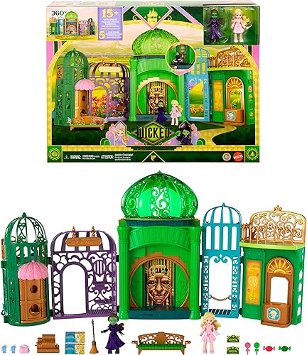 Mattel Universal Pictures’ Wicked Emerald City Playset with Glinda & Elphaba Small Dolls, 5 Play Spaces & 15 Accessories, Inspired by The Movie