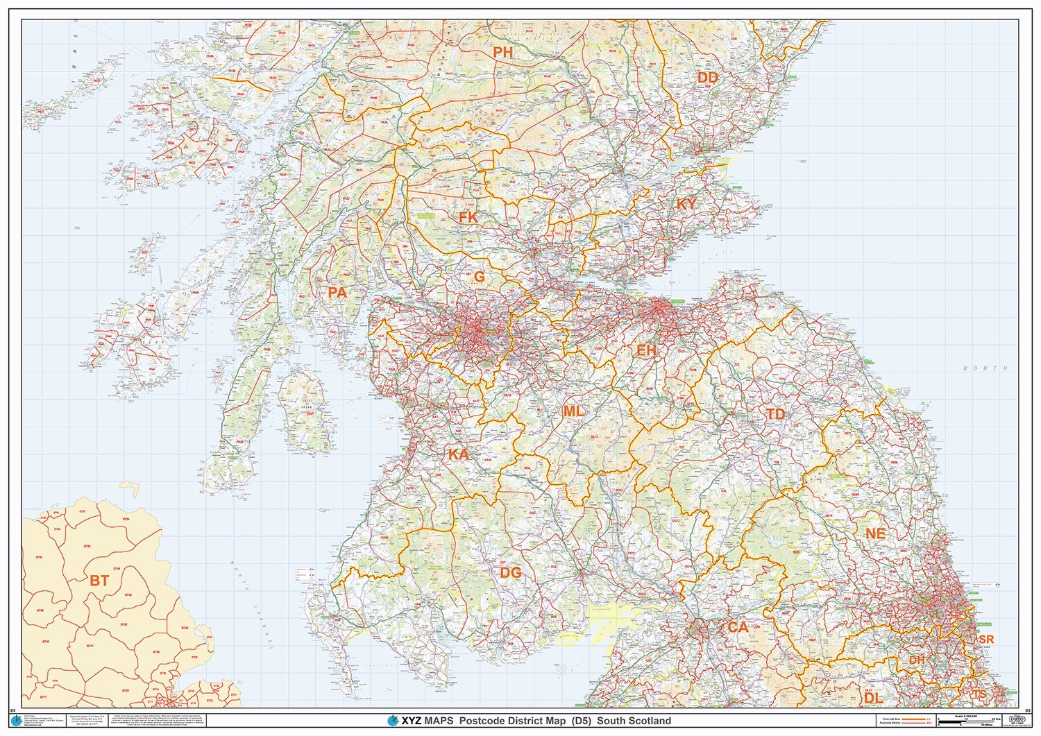 South Scotland - Postcode District Wall Map-Paper